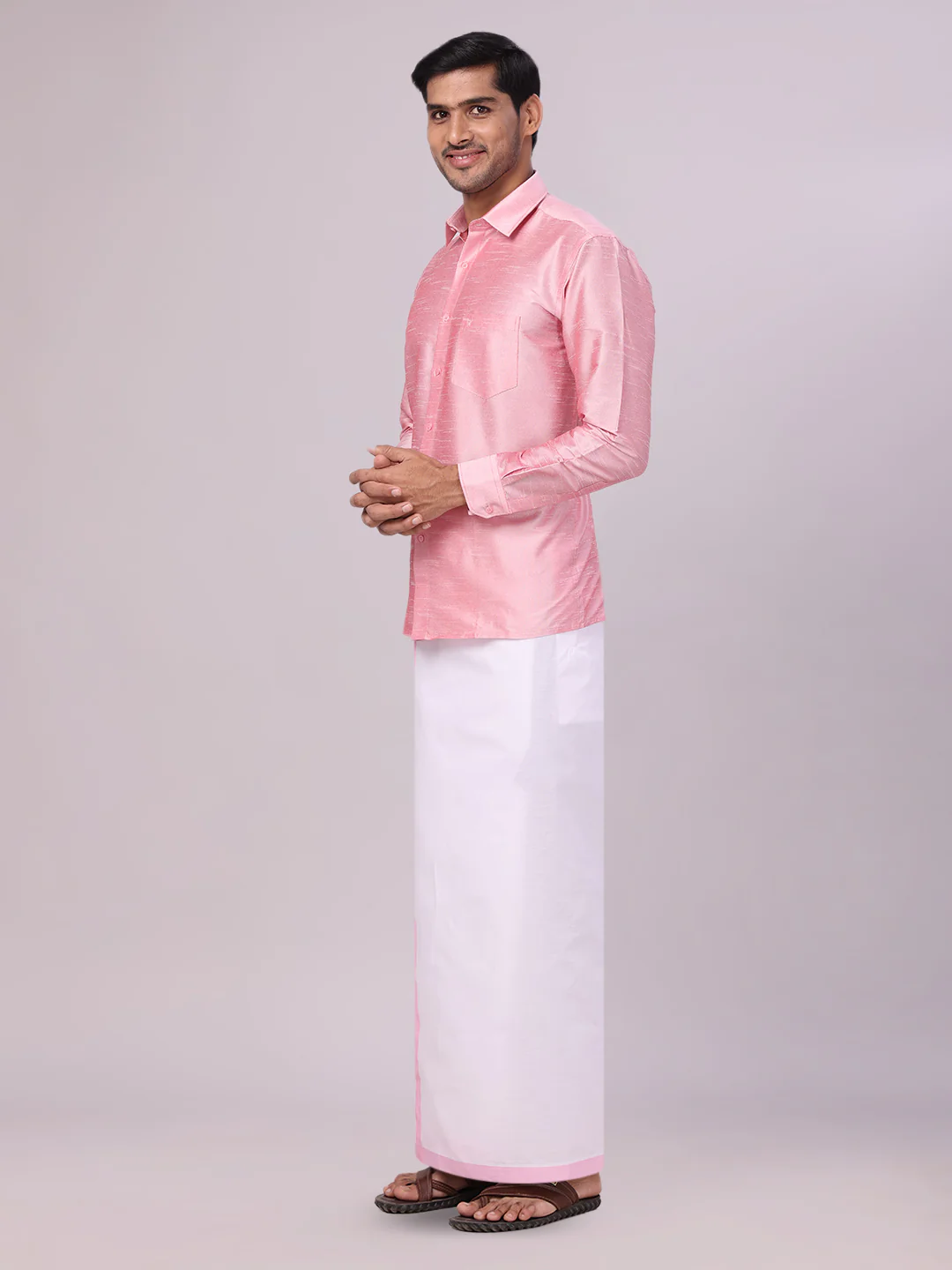 Mens Light Pink Dupion Satin Shirt with Matching Border Flexi Dhoti Combo Gora Flexi - Image 3