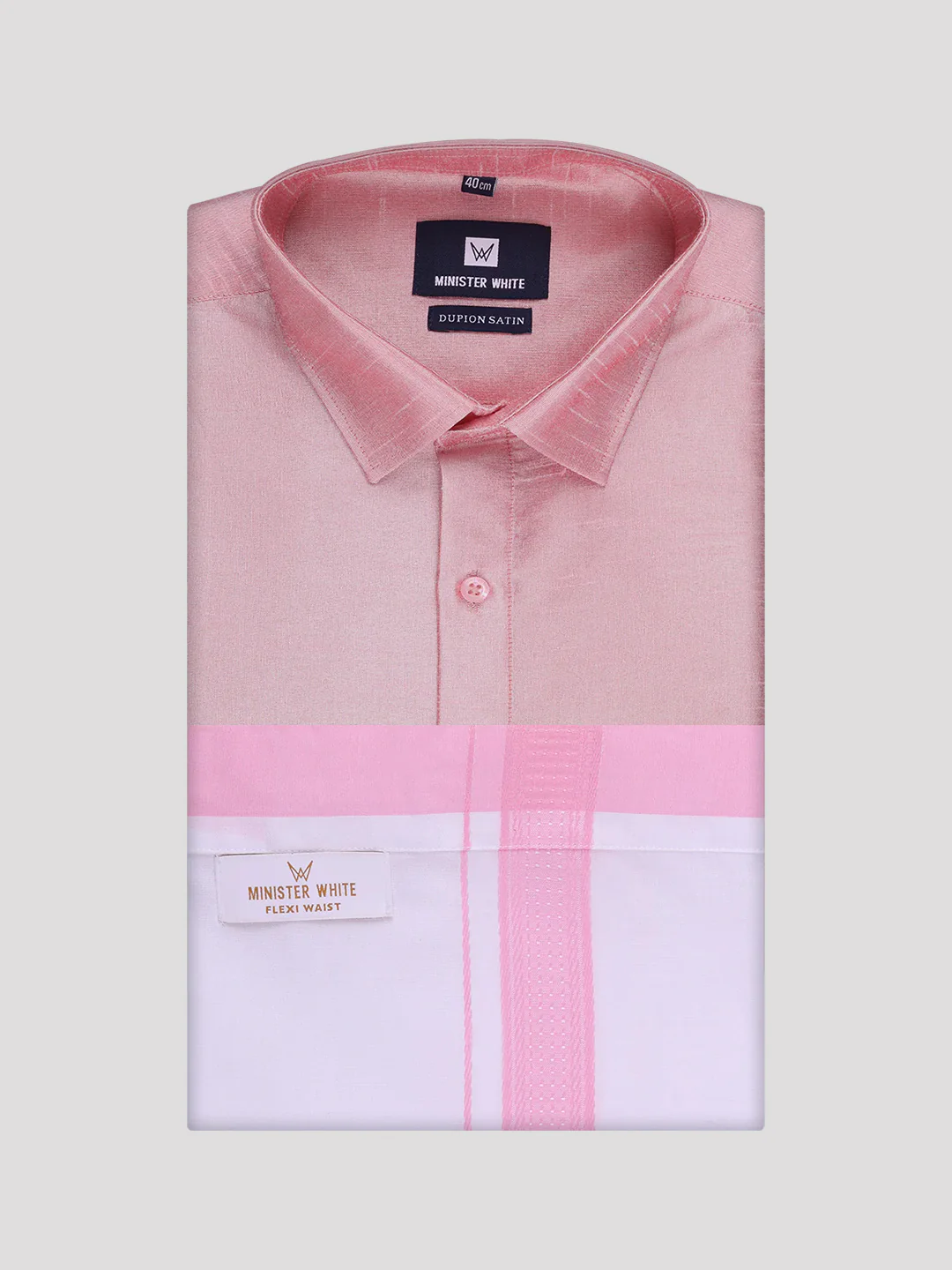 Mens Light Pink Dupion Satin Shirt with Matching Border Flexi Dhoti Combo Gora Flexi - Image 7
