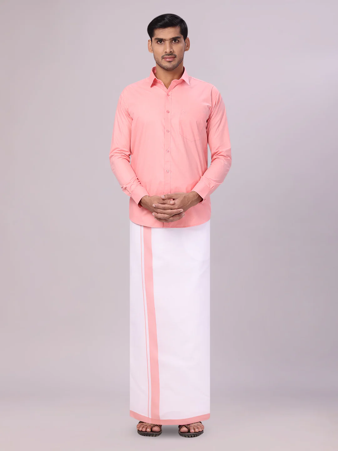 Mens Light Pink Shirt with Matching Border Flexi Dhoti Combo Casper Flexi