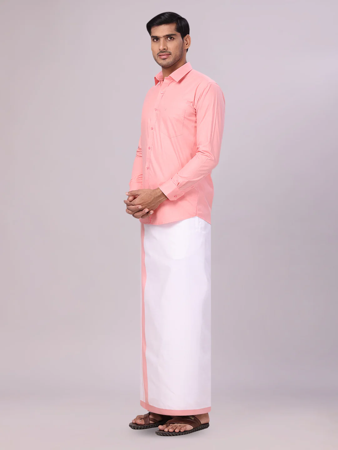 Mens Light Pink Shirt with Matching Border Flexi Dhoti Combo Casper Flexi - Image 4