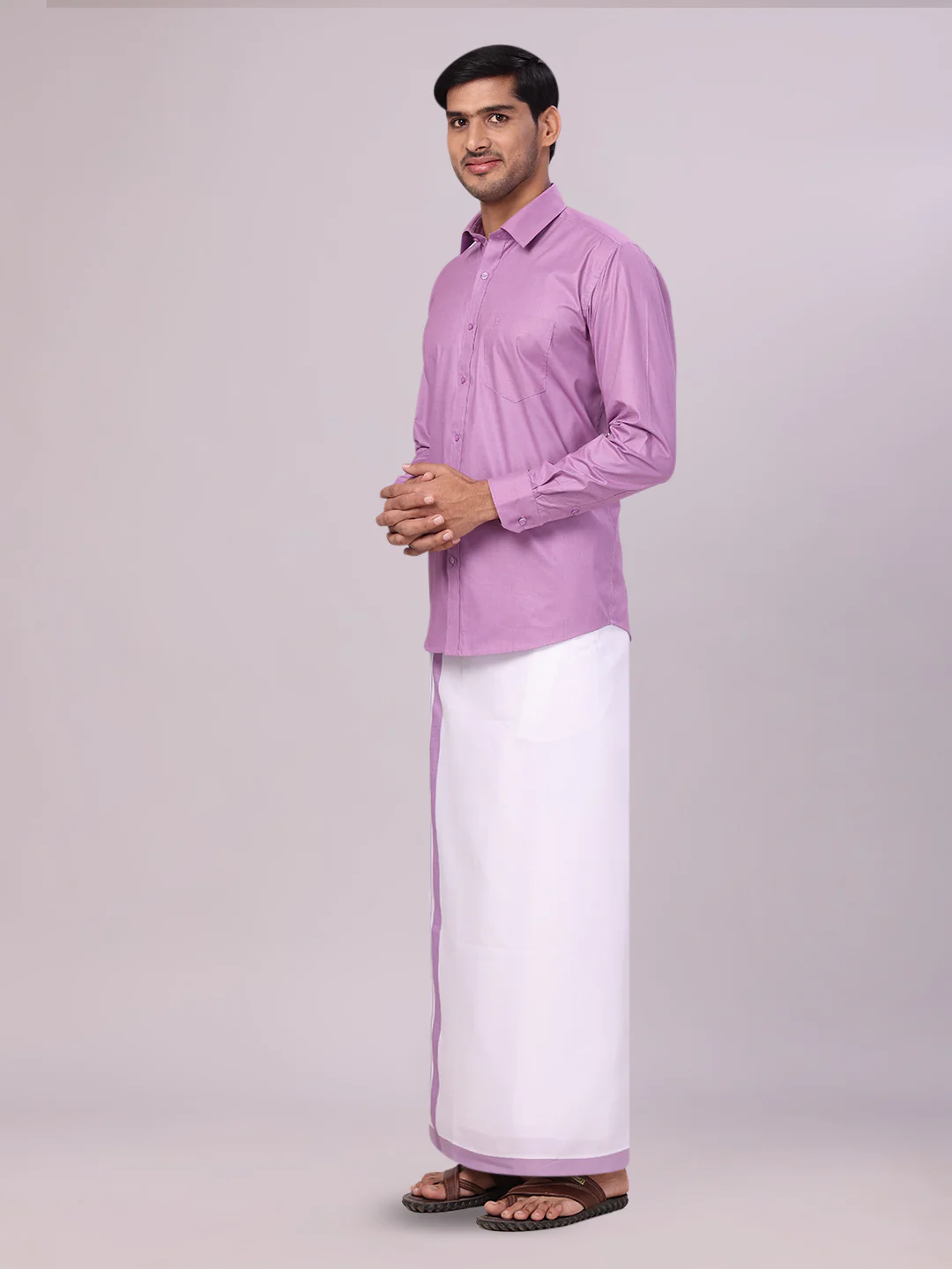 Mens Light Purple Color Shirt with Matching Border Dhoti Combo Casper - Image 3