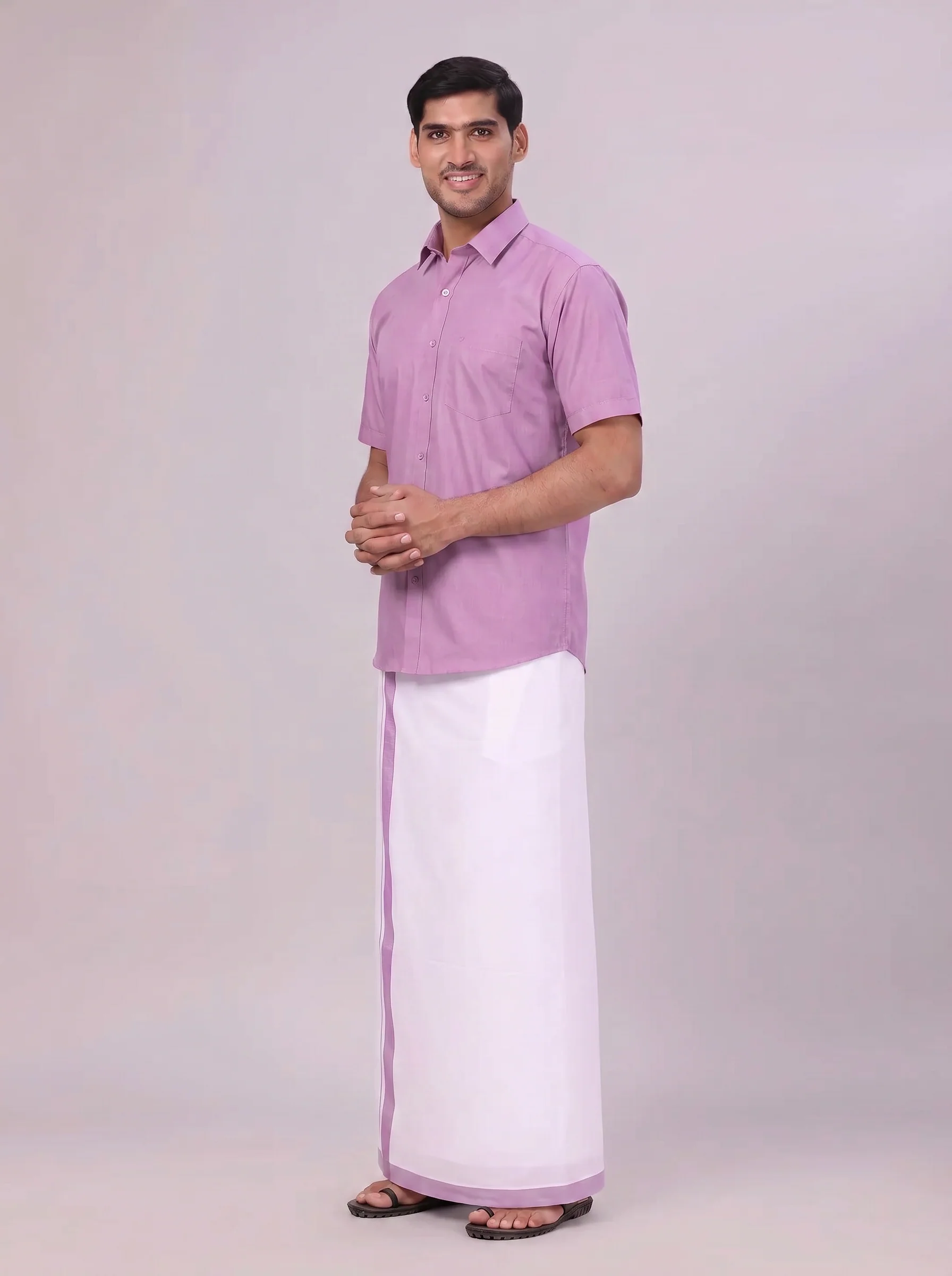 Mens Light Purple Color Shirt with Matching Border Dhoti Combo Casper - Image 4