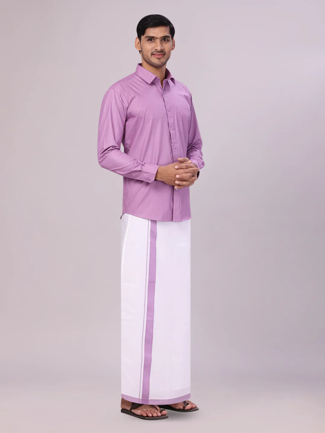 Mens Light Purple Color Shirt with Matching Border Dhoti Combo Casper - Image 5