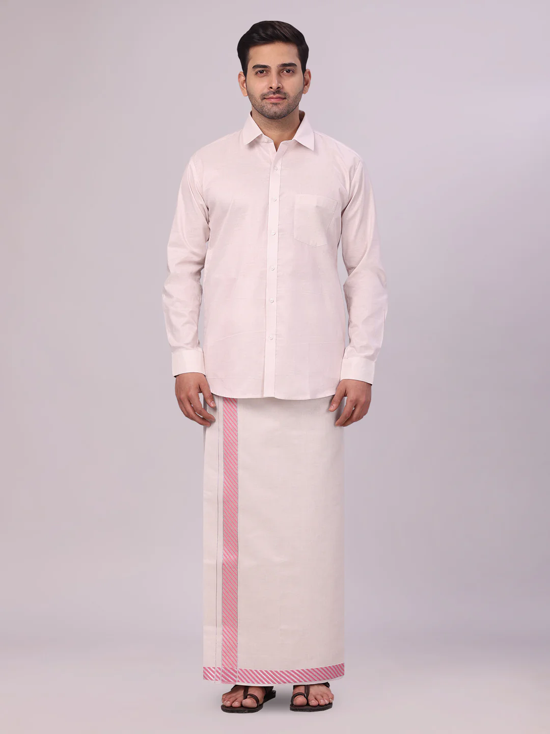 Mens Light Rose Tissue Stripe Shirt and Dhoti Combo with Jacquard Border Kane