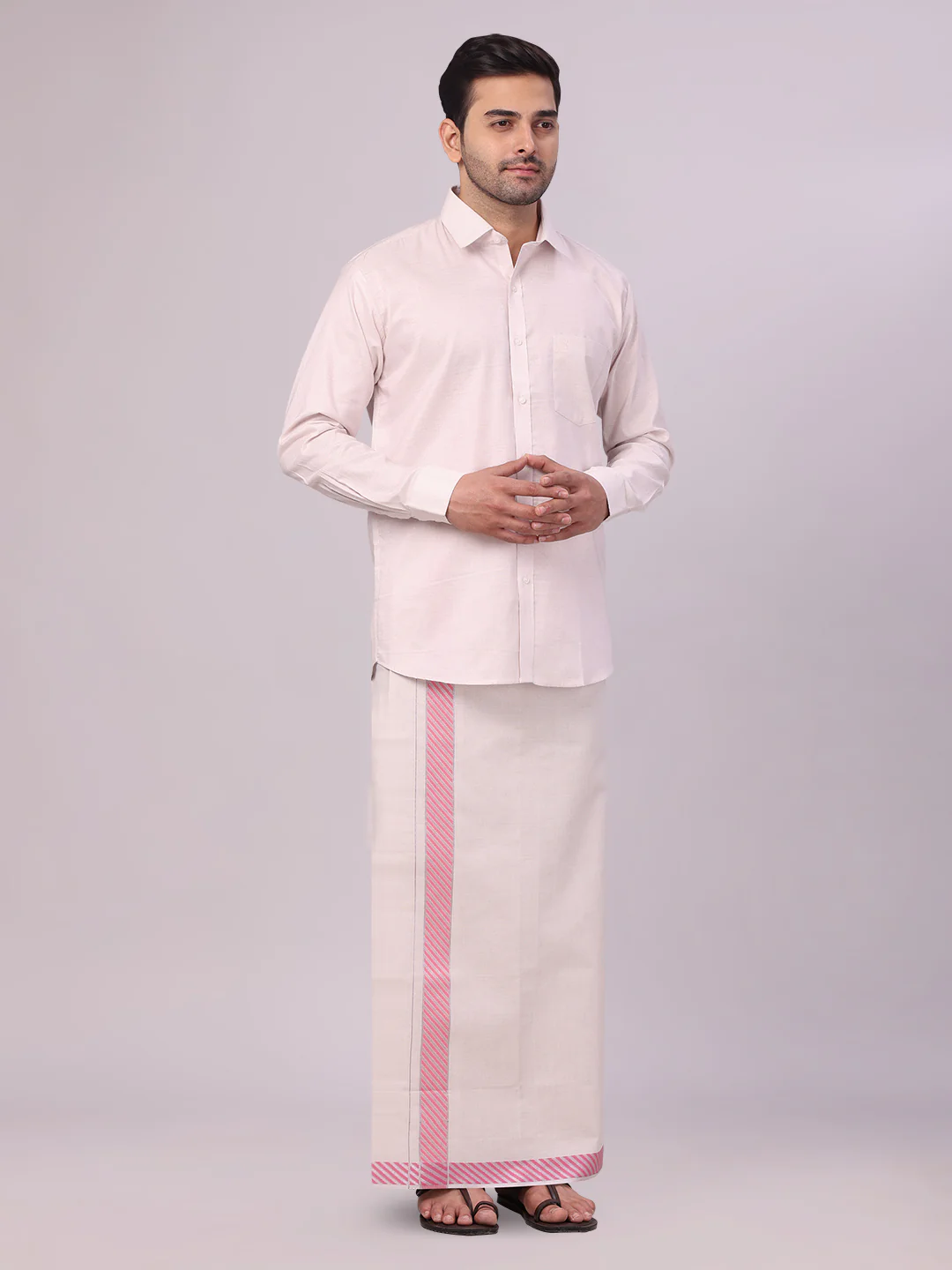Mens Light Rose Tissue Stripe Shirt and Dhoti Combo with Jacquard Border Kane - Image 2