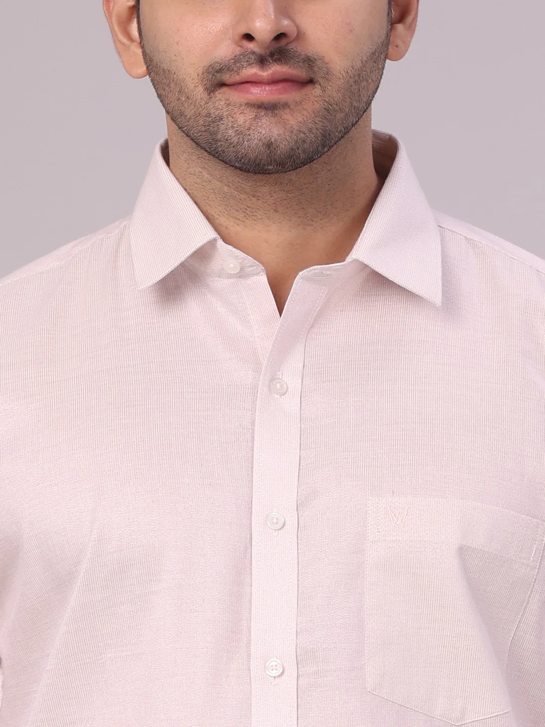 Mens Light Rose Tissue Stripe Shirt and Dhoti Combo with Jacquard Border Kane - Image 5