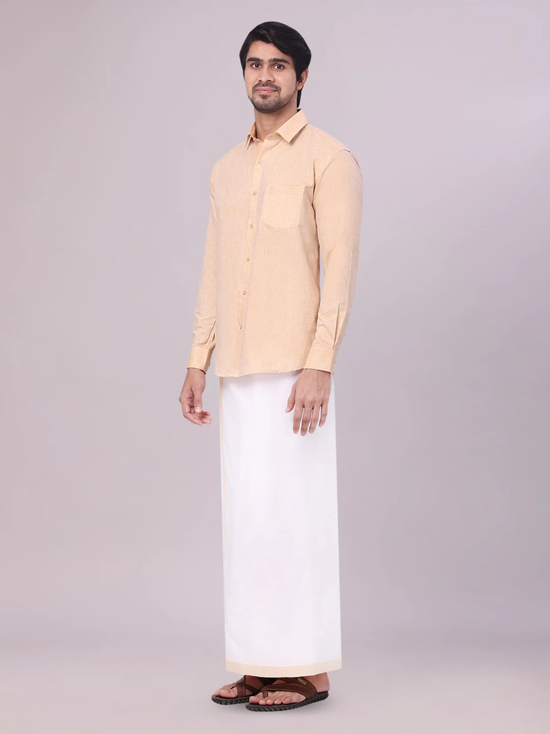 Mens Light Sandal Colour Shirt with Matching Fancy Border Dhoti Combo Lemax - Image 3