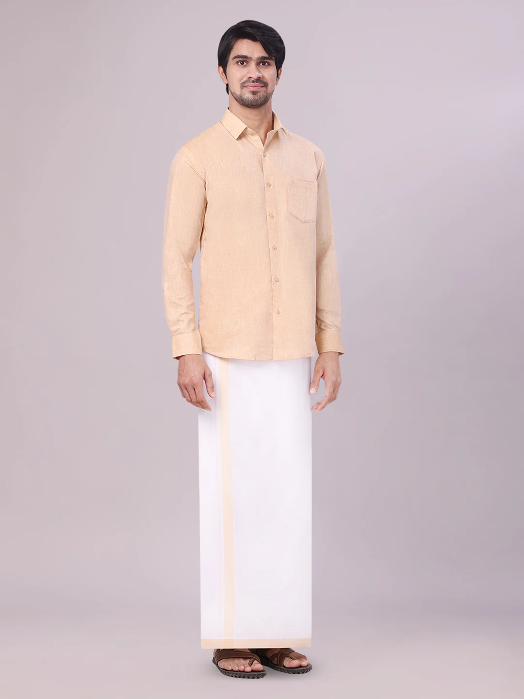 Mens Light Sandal Colour Shirt with Matching Fancy Border Dhoti Combo Lemax - Image 5