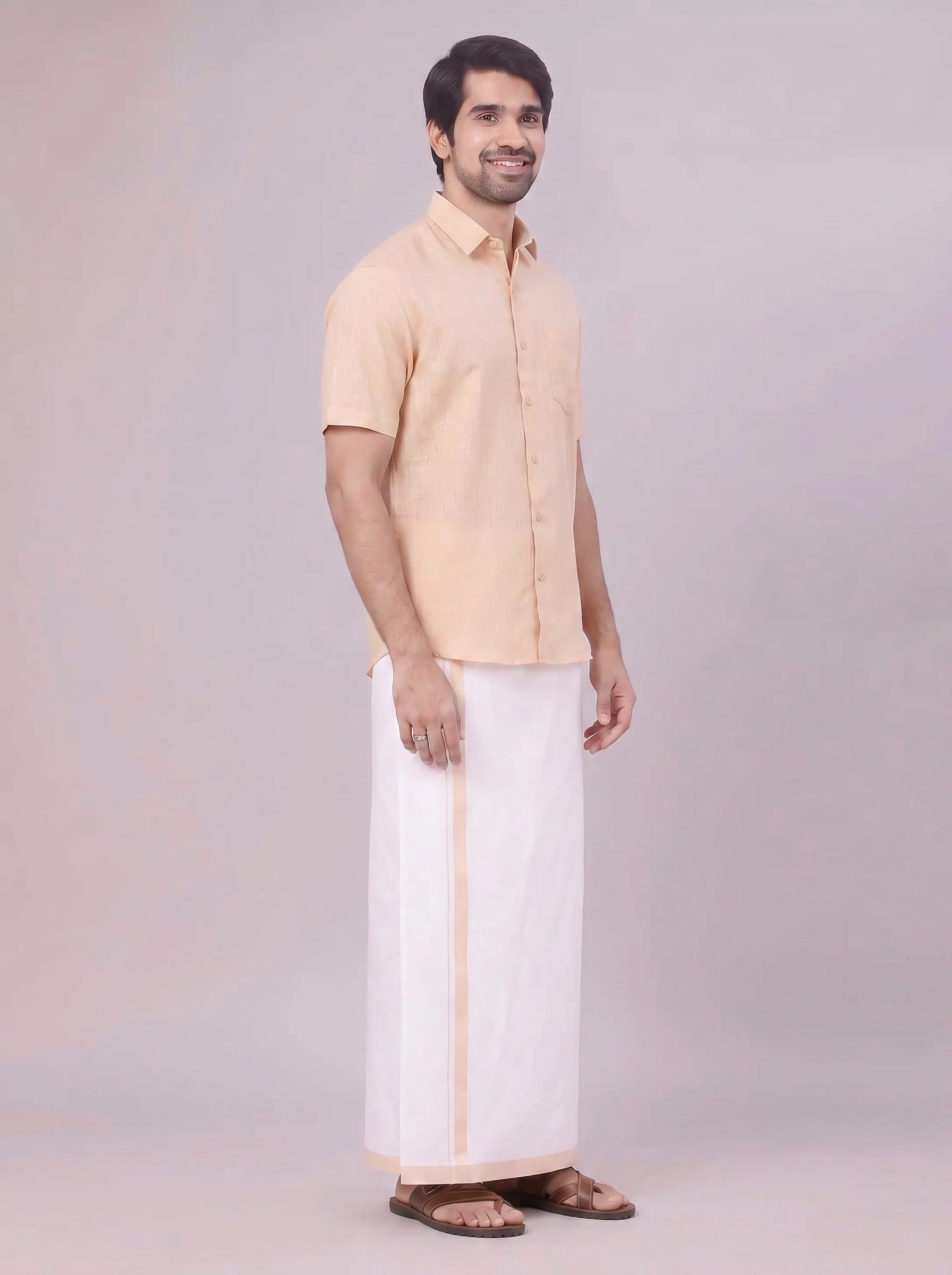 Mens Light Sandal Colour Shirt with Matching Fancy Border Dhoti Combo Lemax - Image 6