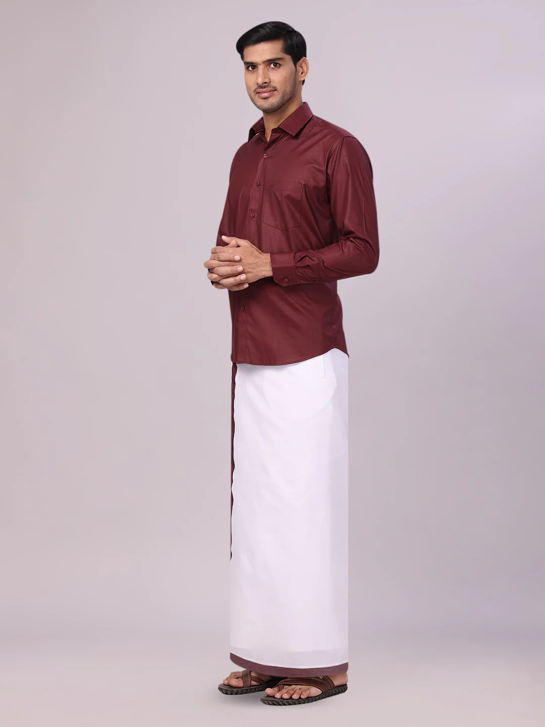 Mens Maroon Color Shirt with Matching Border Dhoti Combo Casper - Image 3