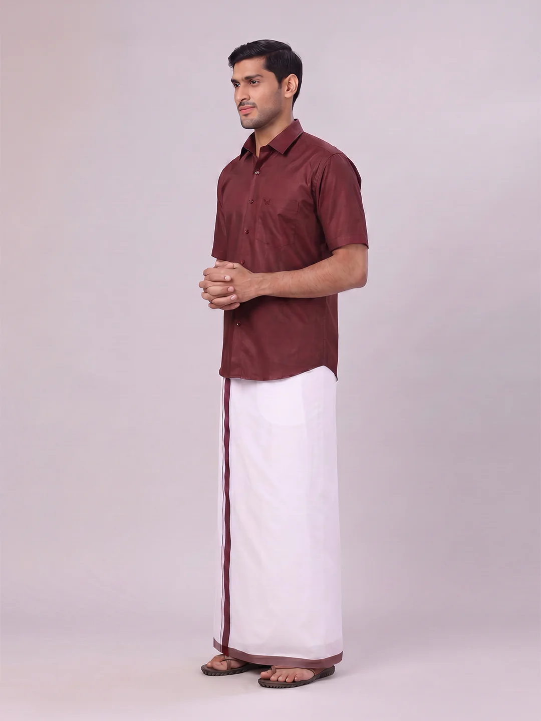 Mens Maroon Color Shirt with Matching Border Dhoti Combo Casper - Image 4