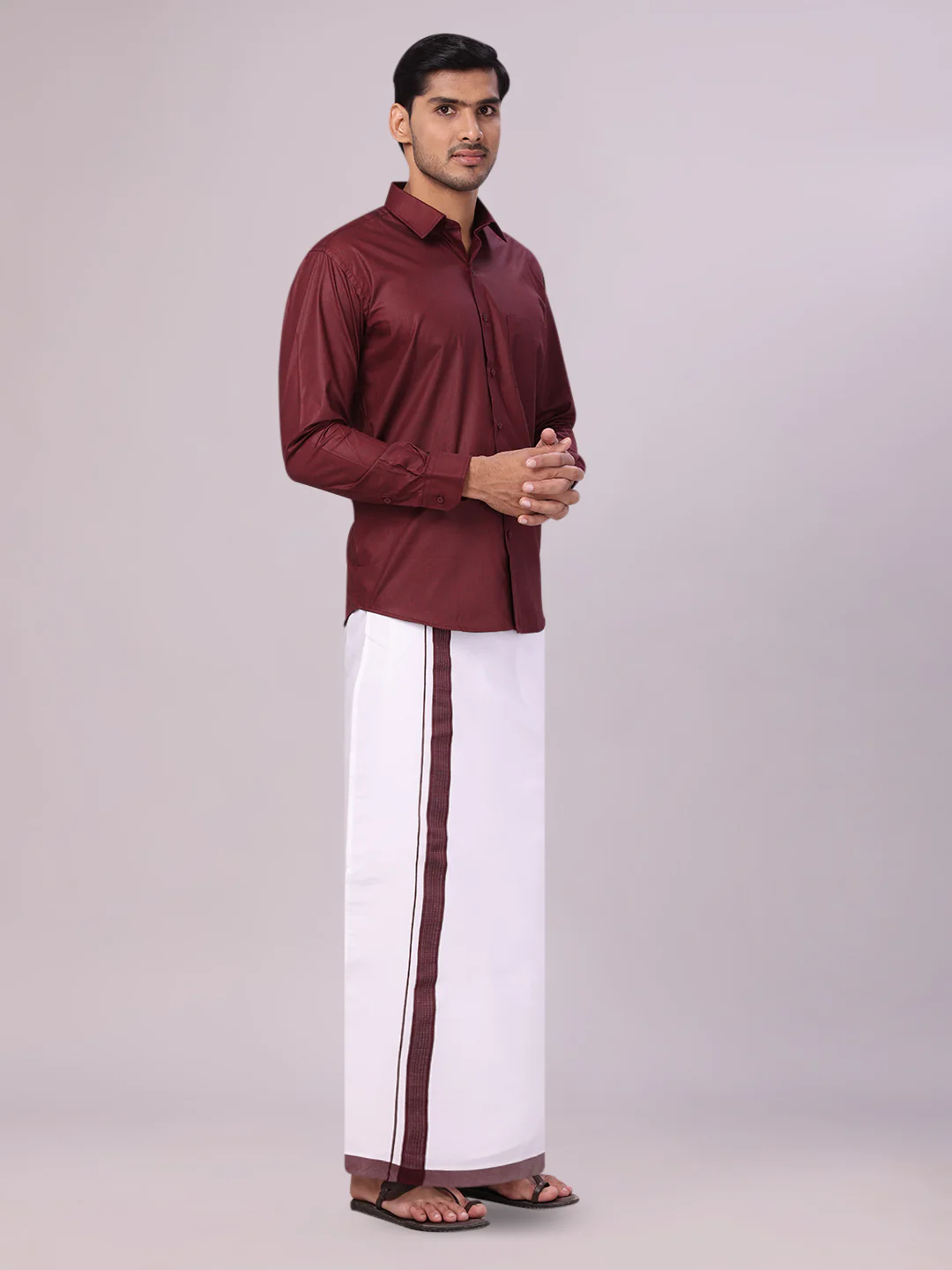 Mens Maroon Color Shirt with Matching Border Dhoti Combo Casper - Image 5