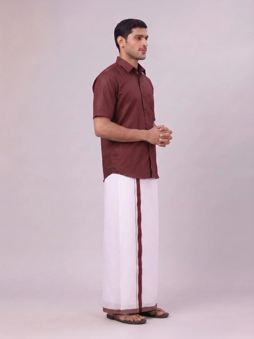 Mens Maroon Color Shirt with Matching Border Dhoti Combo Casper - Image 6