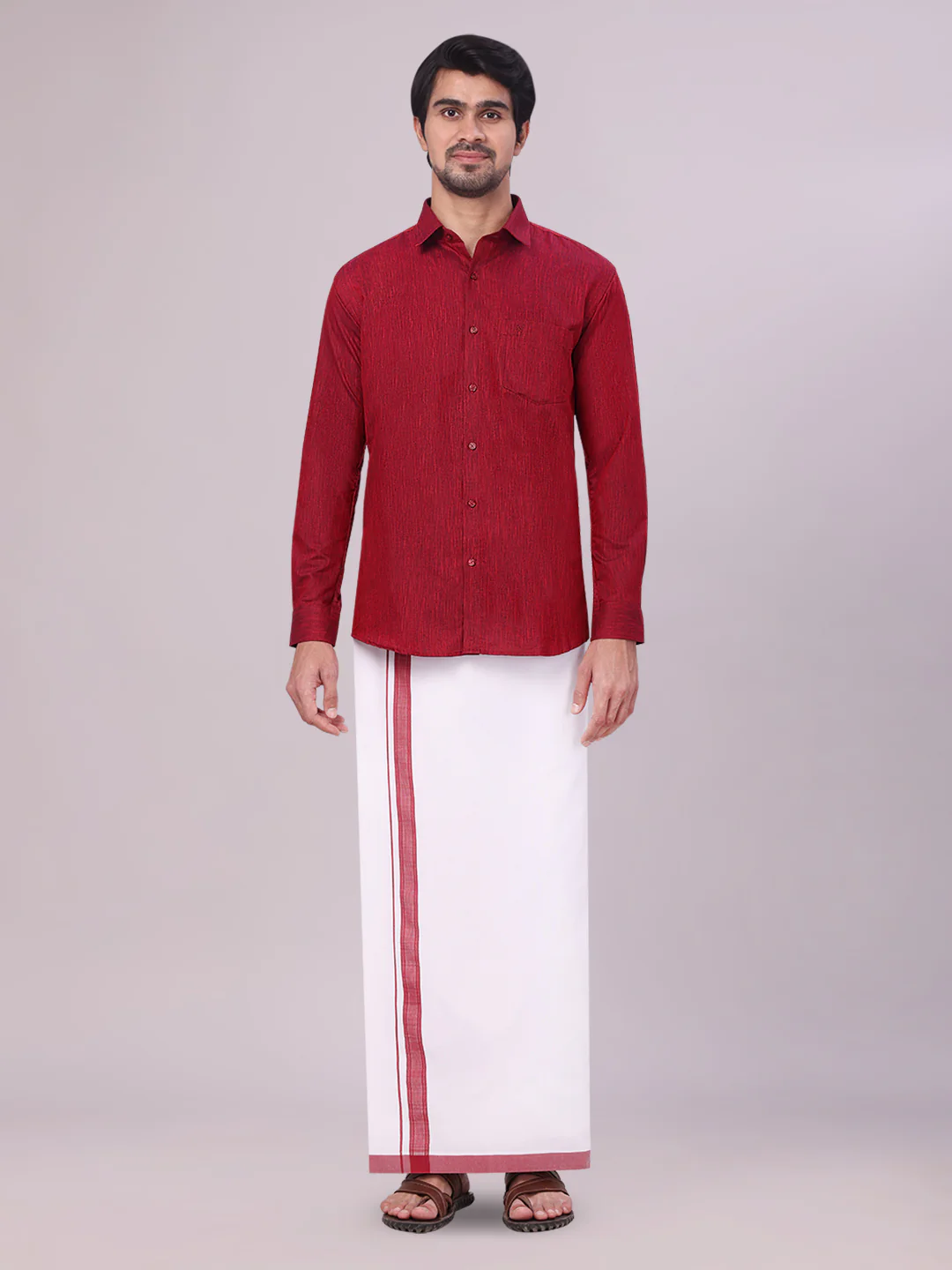 Mens Maroon Colour Shirt with Matching Fancy Border Dhoti Combo Lemax