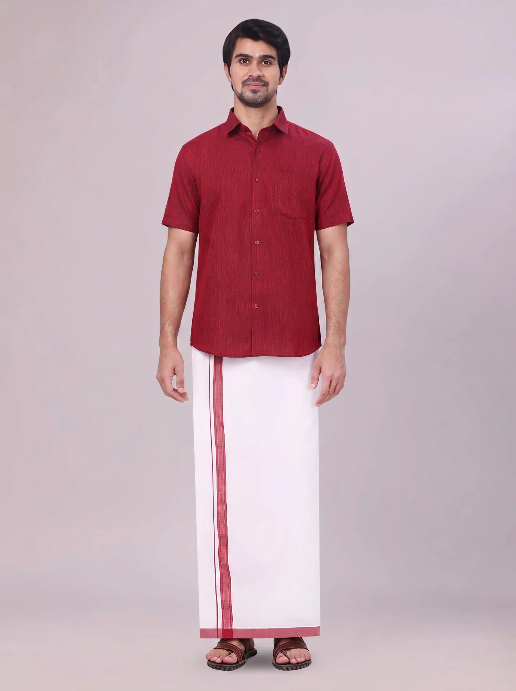 Mens Maroon Colour Shirt with Matching Fancy Border Dhoti Combo Lemax - Image 2