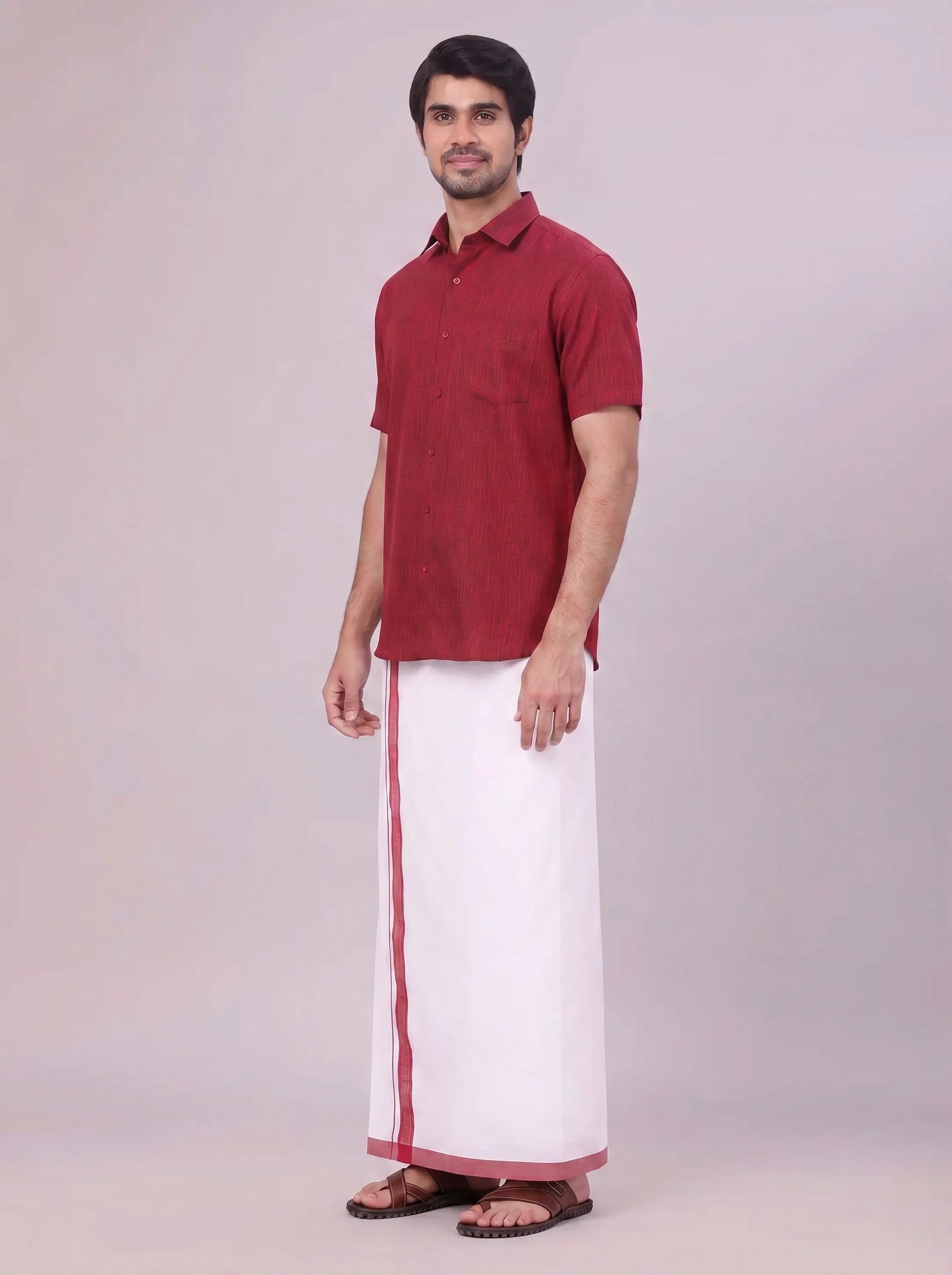 Mens Maroon Colour Shirt with Matching Fancy Border Dhoti Combo Lemax - Image 5