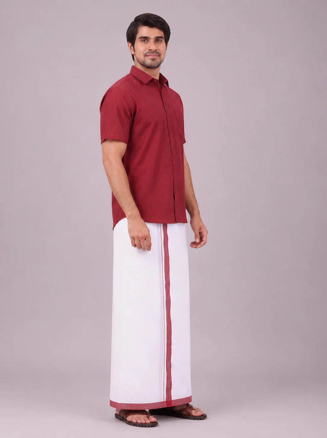 Mens Maroon Colour Shirt with Matching Fancy Border Dhoti Combo Lemax - Image 6