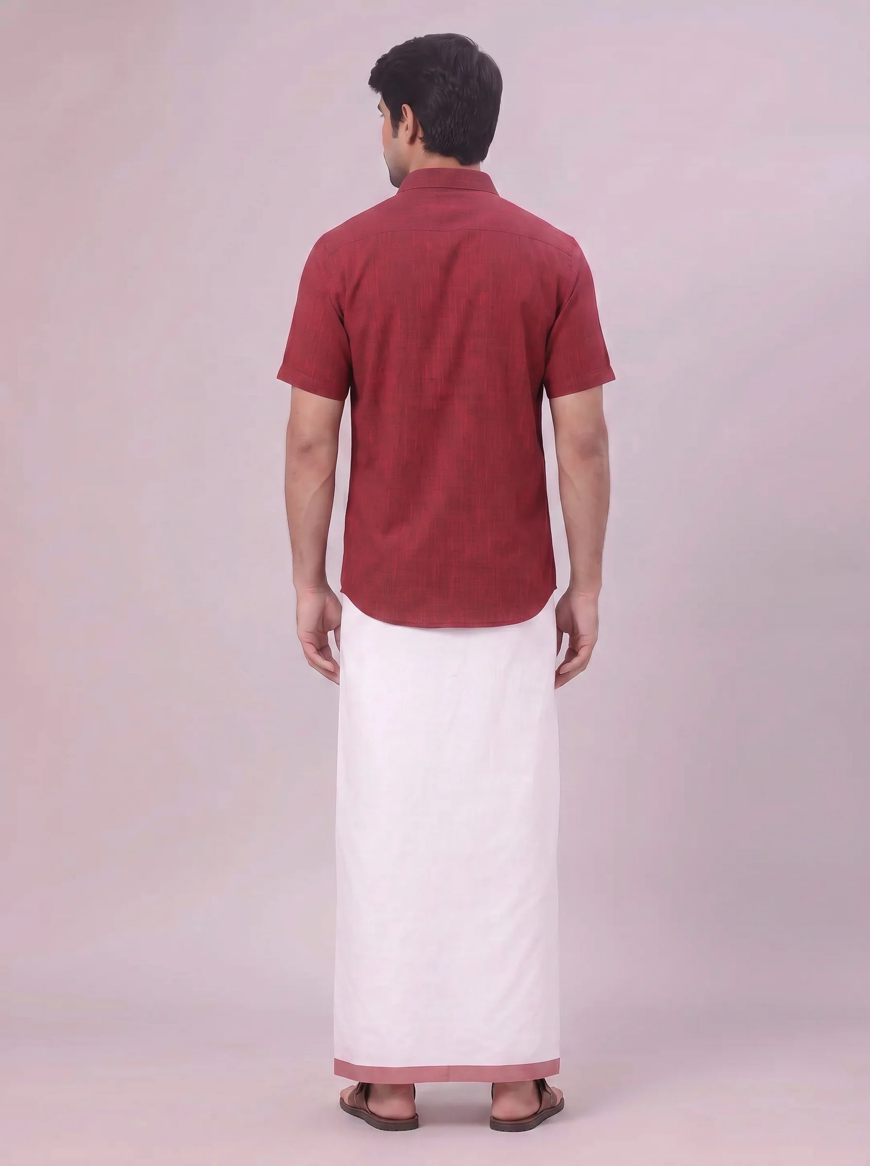 Mens Maroon Colour Shirt with Matching Fancy Border Dhoti Combo Lemax - Image 8