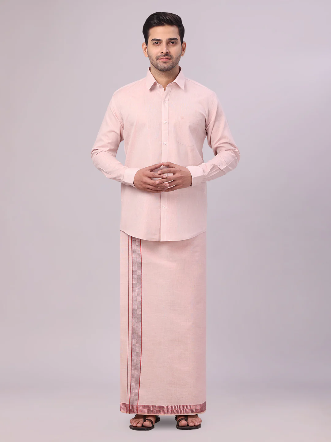 Mens Maroon Tissue Shirt and Dhoti Set with Intricate Jacquard Border Plum