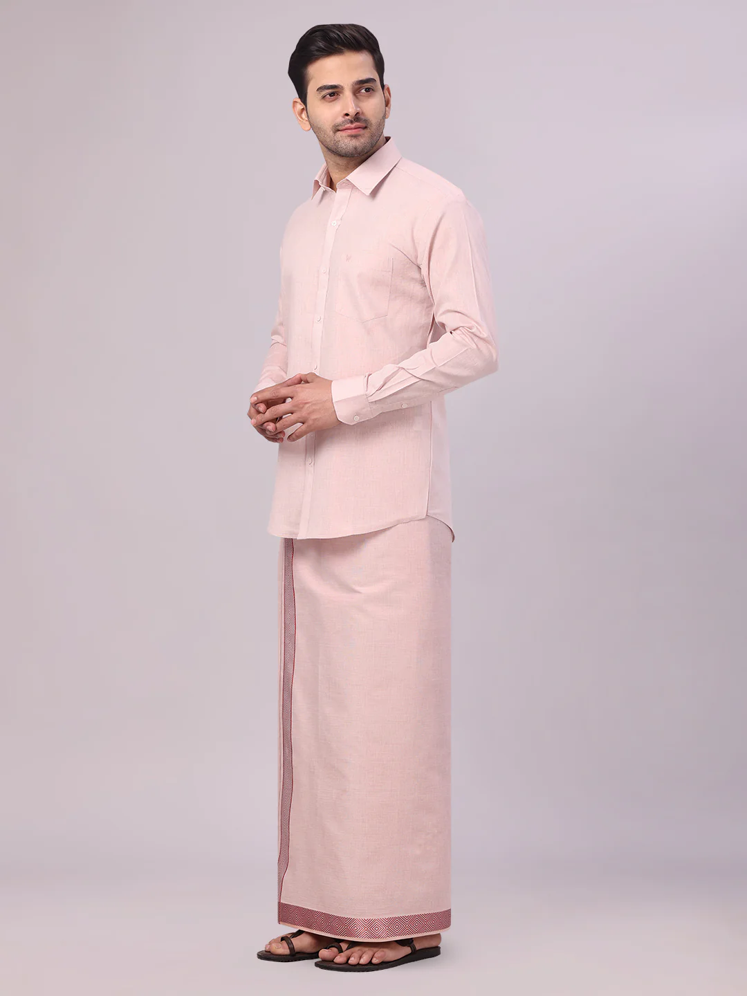 Mens Maroon Tissue Shirt and Dhoti Set with Intricate Jacquard Border Plum - Image 2