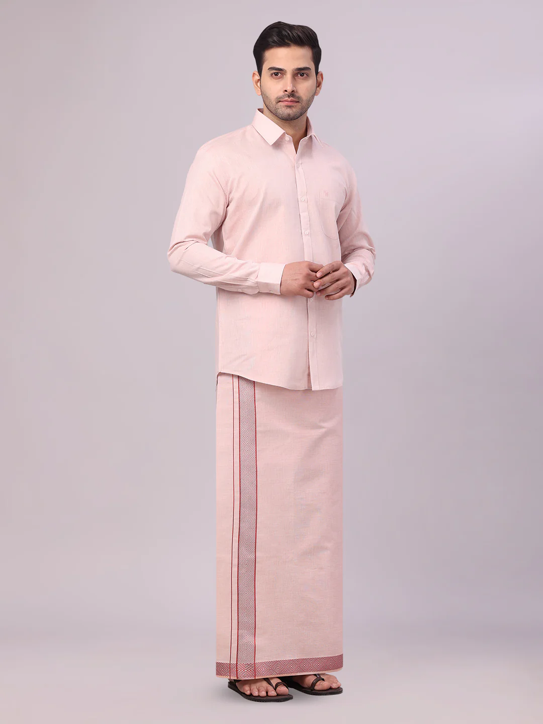 Mens Maroon Tissue Shirt and Dhoti Set with Intricate Jacquard Border Plum - Image 3
