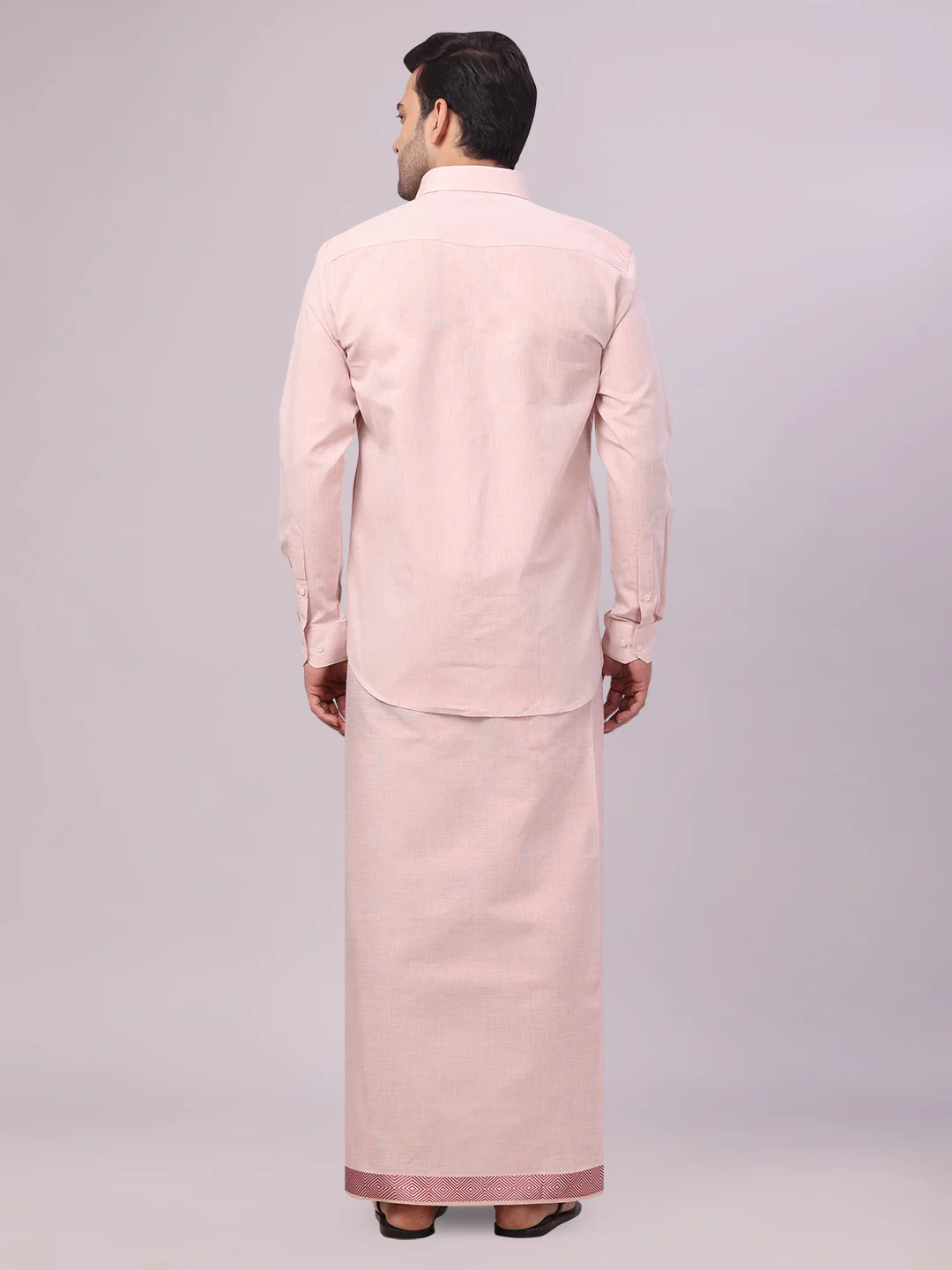 Mens Maroon Tissue Shirt and Dhoti Set with Intricate Jacquard Border Plum - Image 4