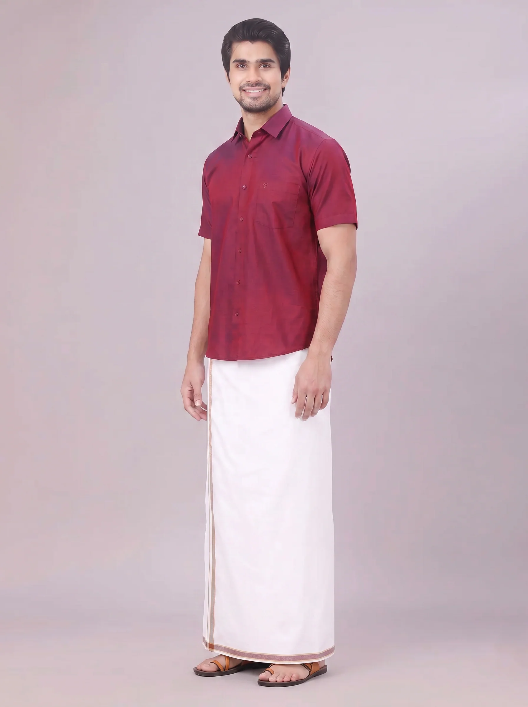 Men's Medium Wine Shirt with Matching Border Dhoti Combo Pinto - Image 4