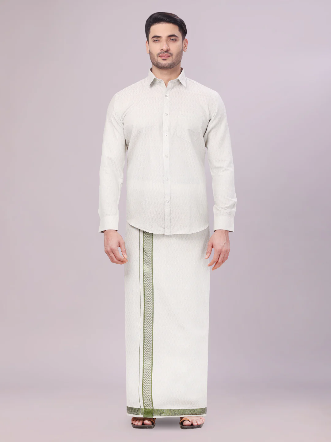 Mens Olive Green Colour Jacquard Shirt with Matching Dhoti Combo Zeebra