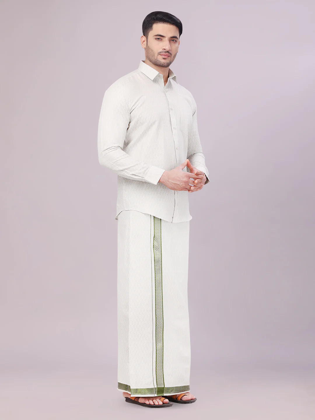 Mens Olive Green Colour Jacquard Shirt with Matching Dhoti Combo Zeebra - Image 3