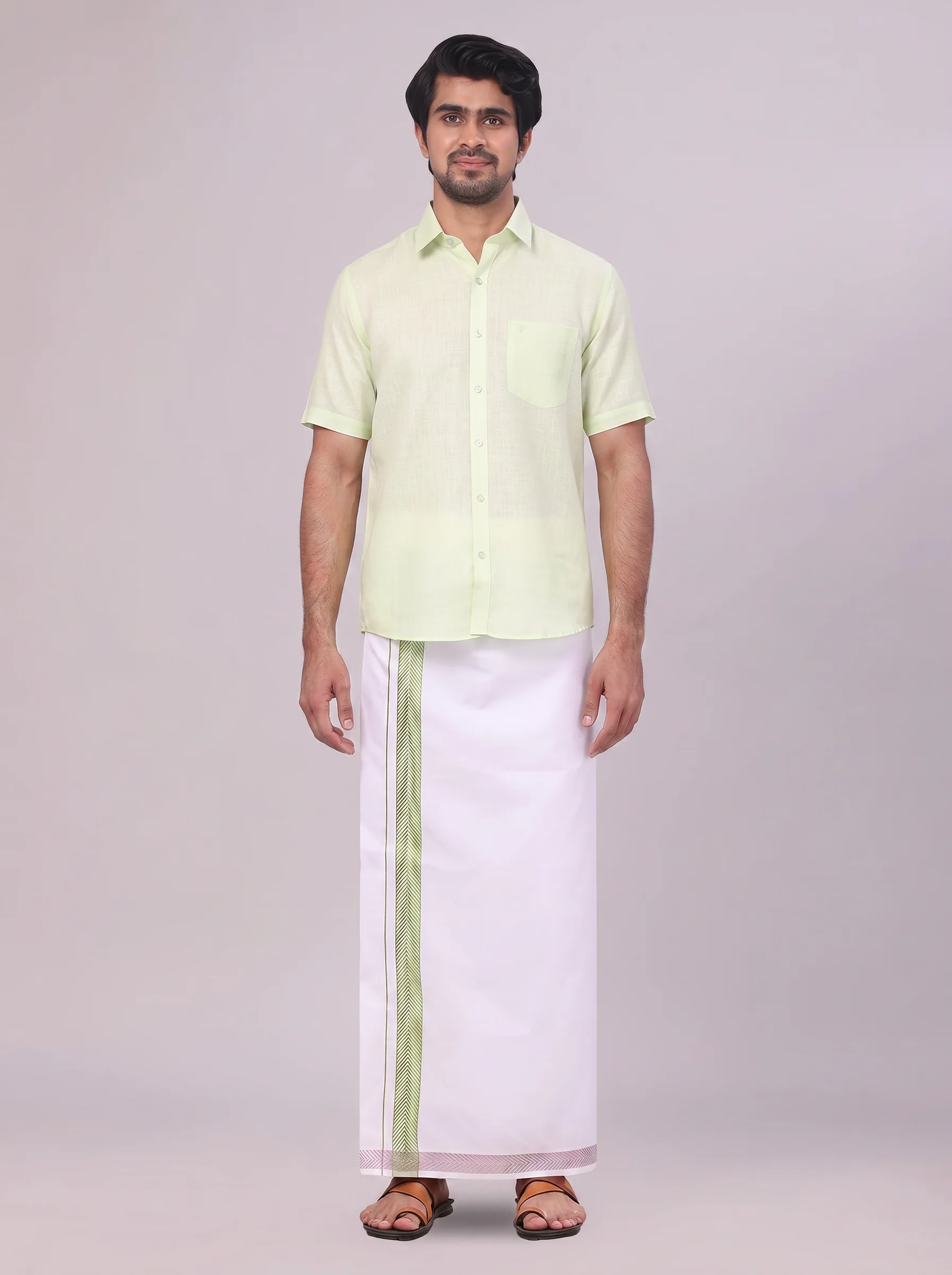 Mens Pastel Green Shirt with Matching jacquard Weave Border Dhoti Combo Marsh - Image 2