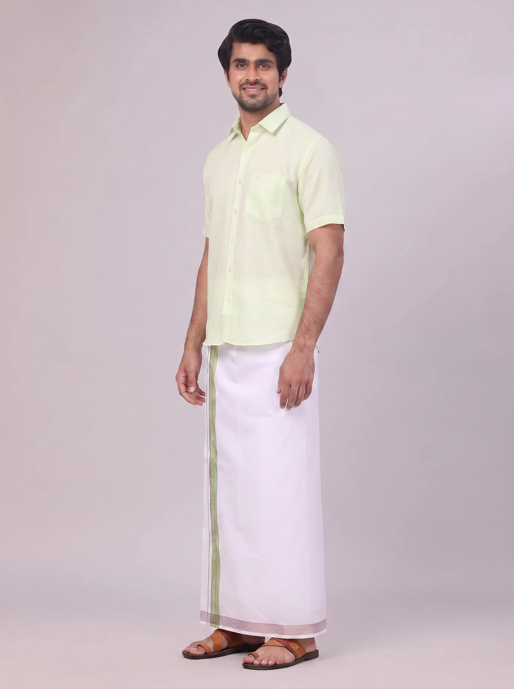 Mens Pastel Green Shirt with Matching jacquard Weave Border Dhoti Combo Marsh - Image 3