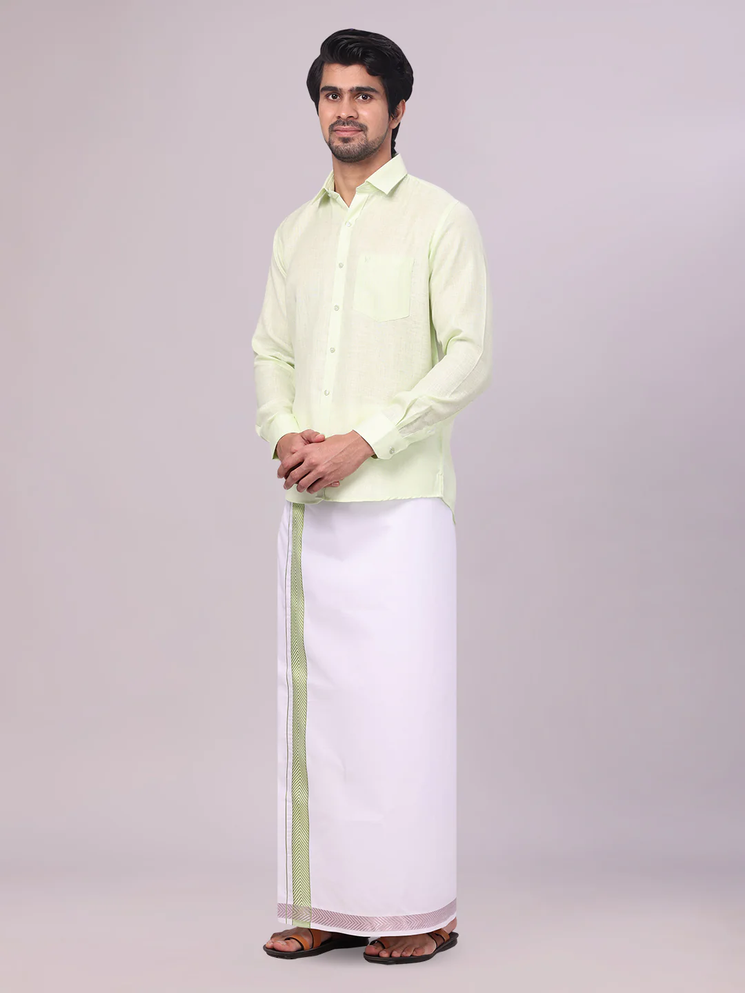 Mens Pastel Green Shirt with Matching jacquard Weave Border Dhoti Combo Marsh - Image 4