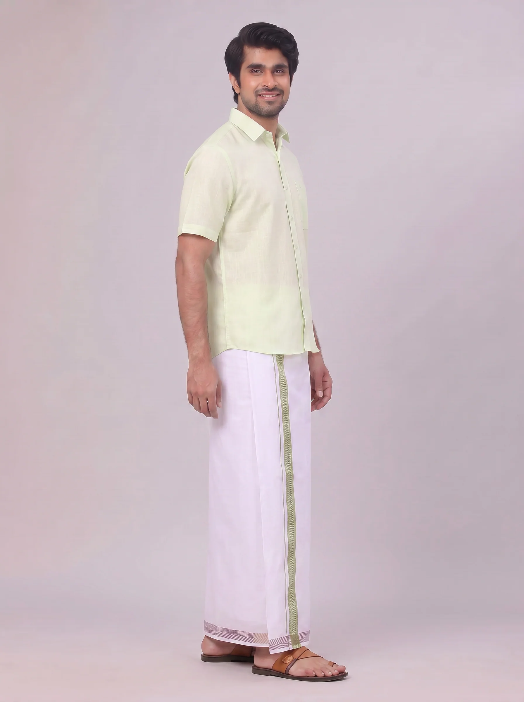 Mens Pastel Green Shirt with Matching jacquard Weave Border Dhoti Combo Marsh - Image 6