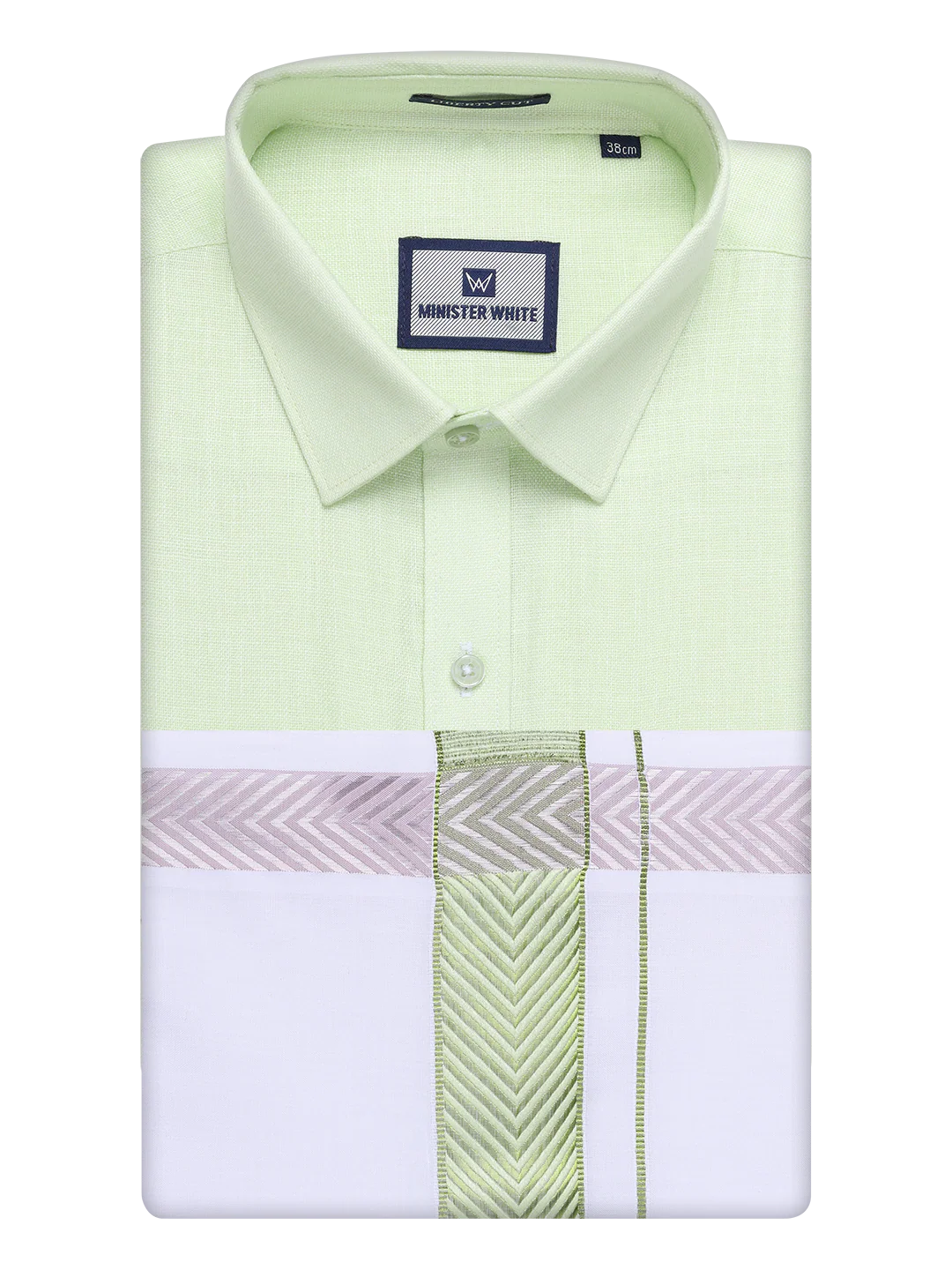 Mens Pastel Green Shirt with Matching jacquard Weave Border Dhoti Combo Marsh - Image 9