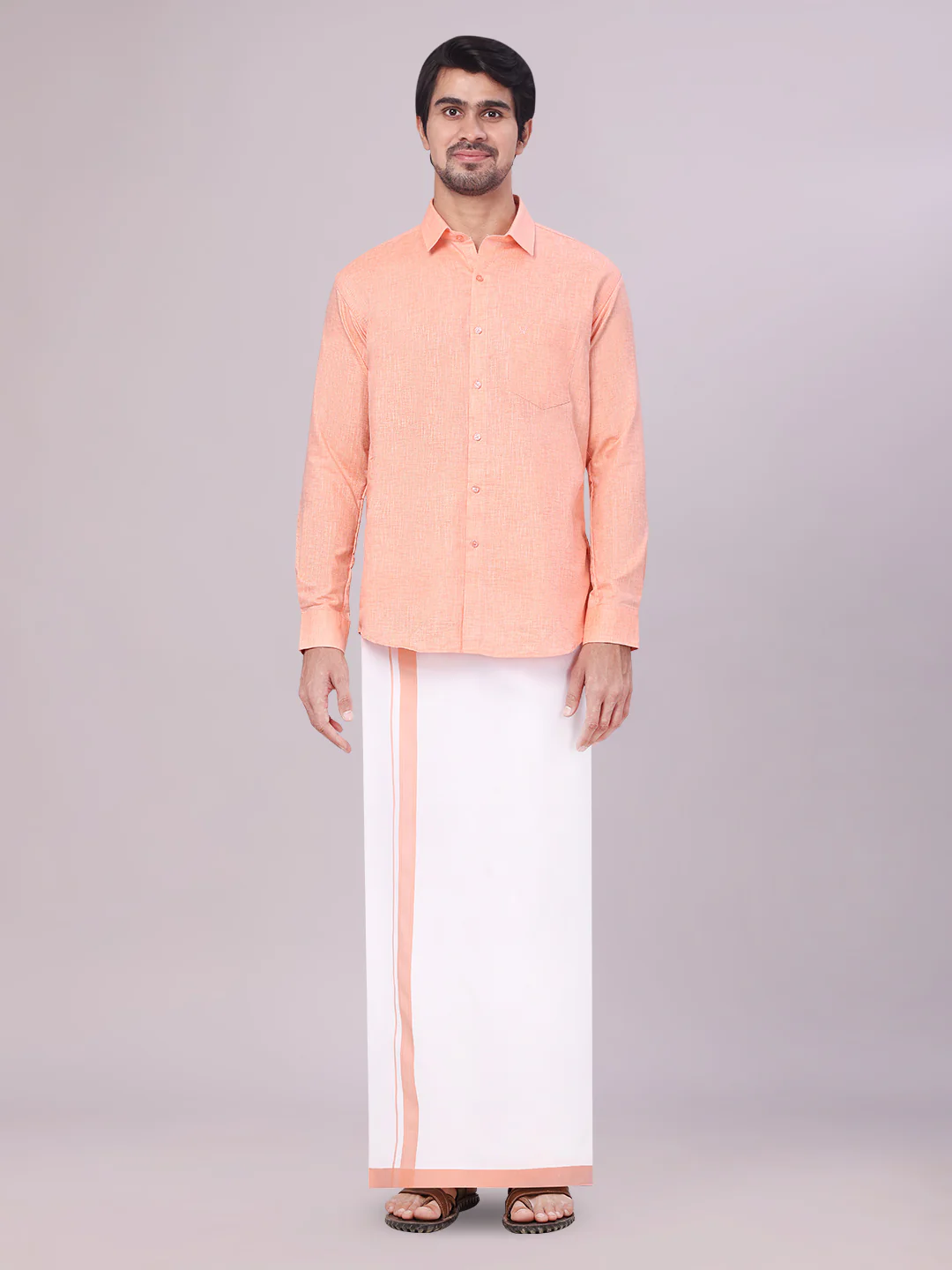 Mens Peach Colour Shirt with Matching Fancy Border Dhoti Combo Lemax