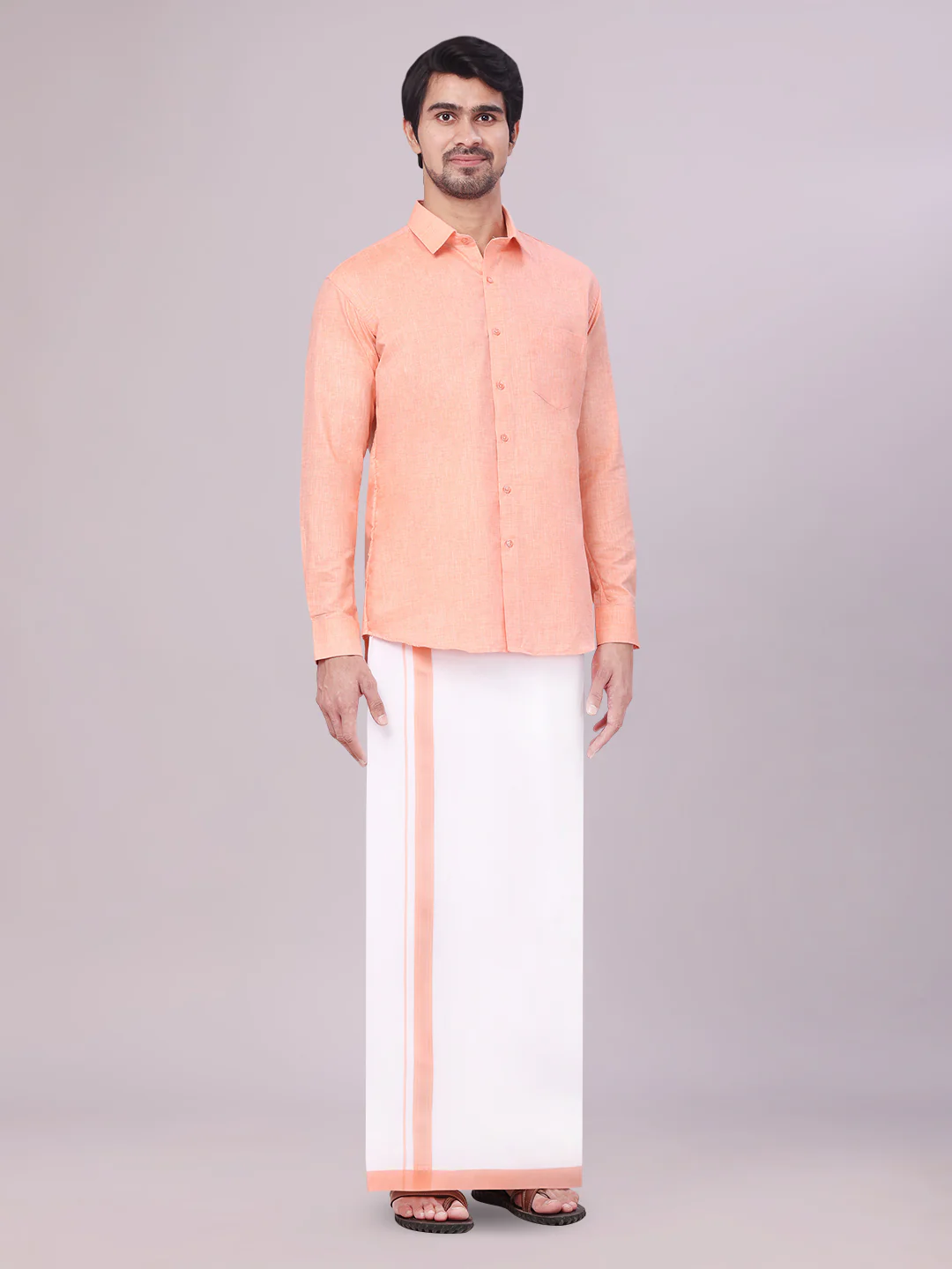 Mens Peach Colour Shirt with Matching Fancy Border Dhoti Combo Lemax - Image 5