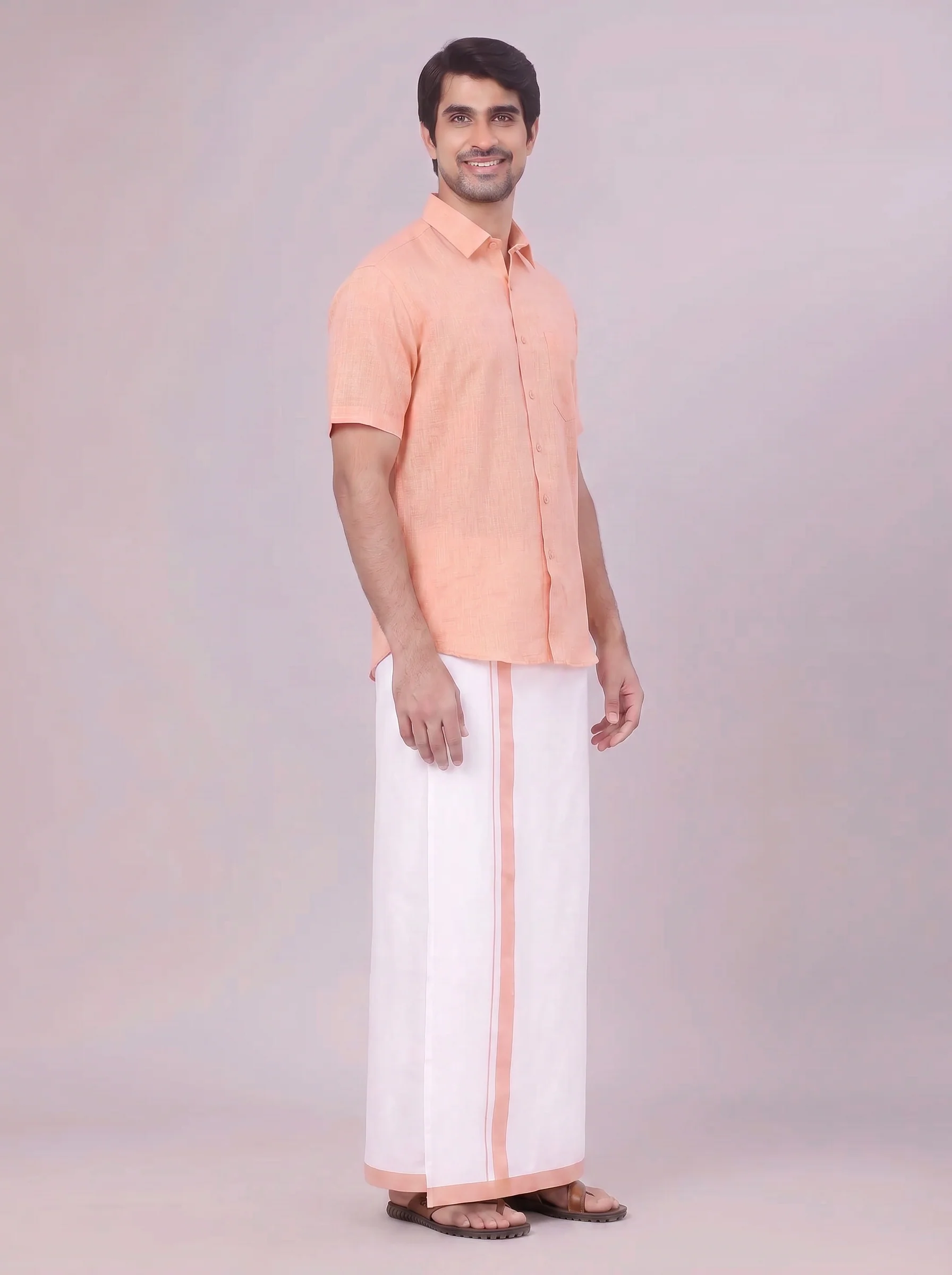 Mens Peach Colour Shirt with Matching Fancy Border Dhoti Combo Lemax - Image 6