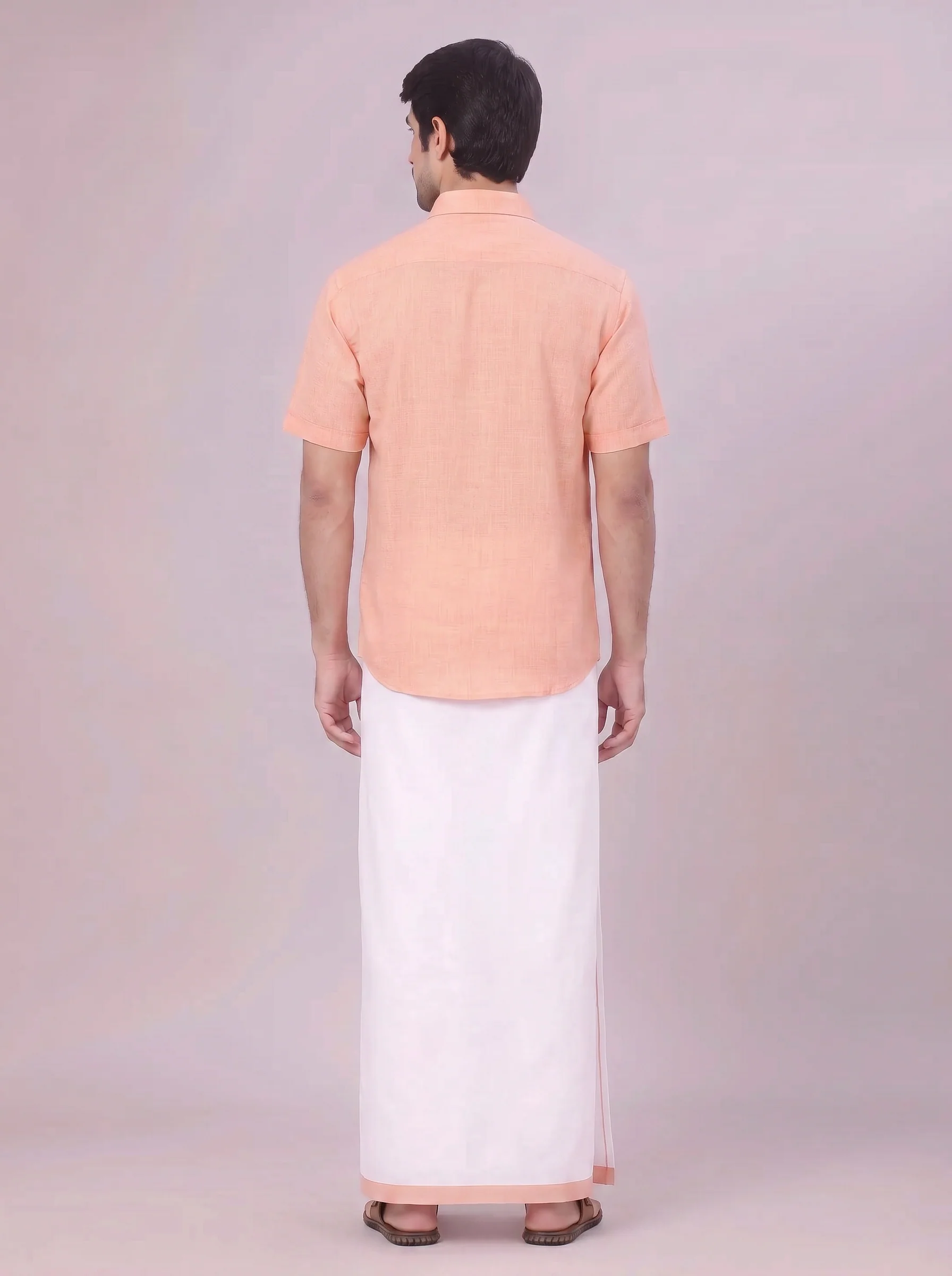 Mens Peach Colour Shirt with Matching Fancy Border Dhoti Combo Lemax - Image 8