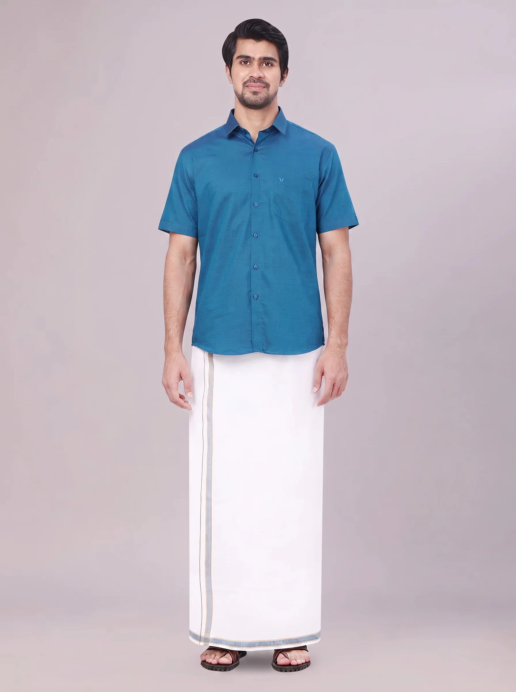 Men's Peacock Shirt with Matching Border Dhoti Combo Pinto - Image 2