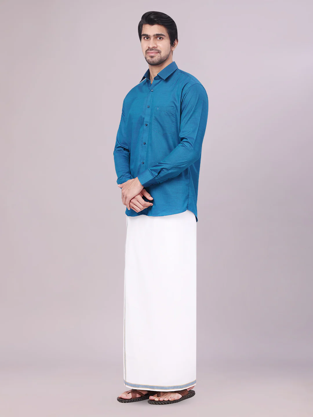Men's Peacock Shirt with Matching Border Dhoti Combo Pinto - Image 3