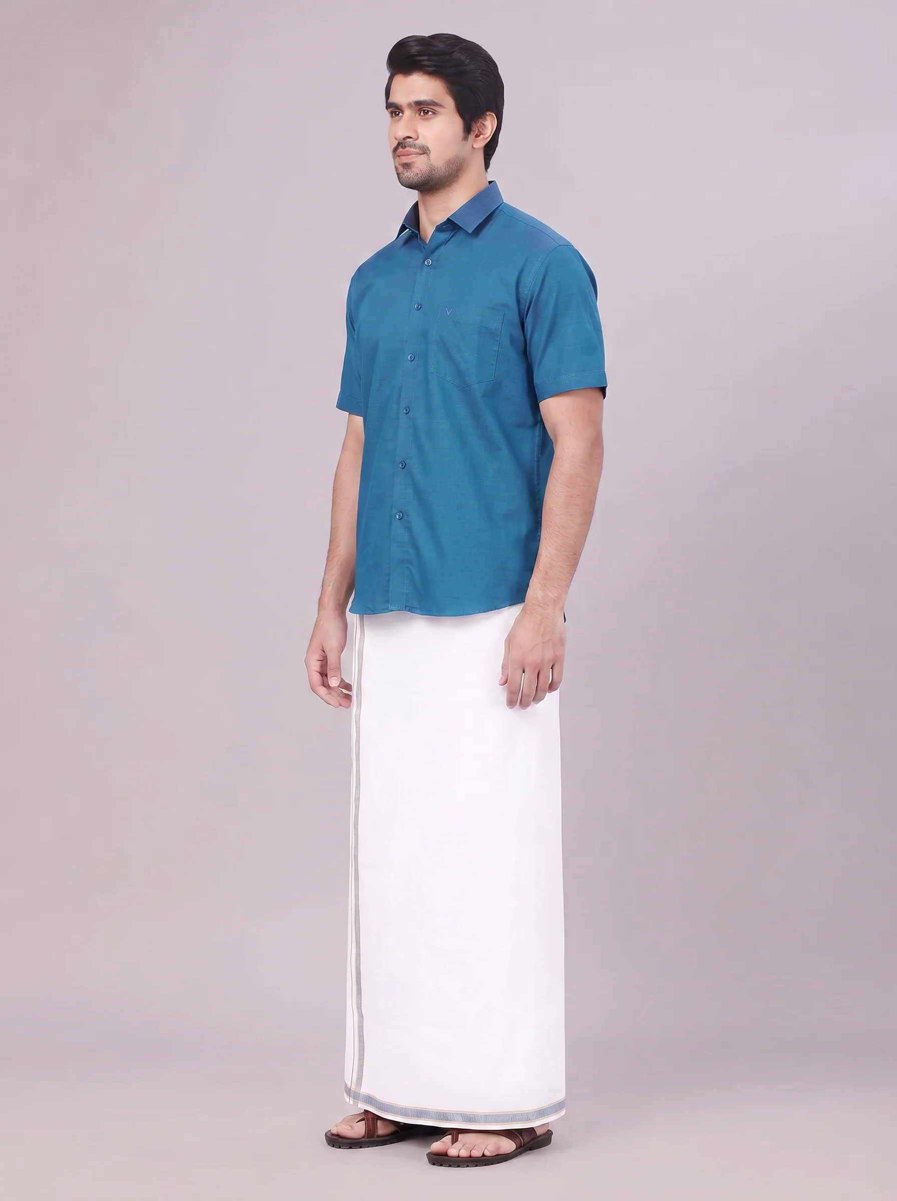 Men's Peacock Shirt with Matching Border Dhoti Combo Pinto - Image 4