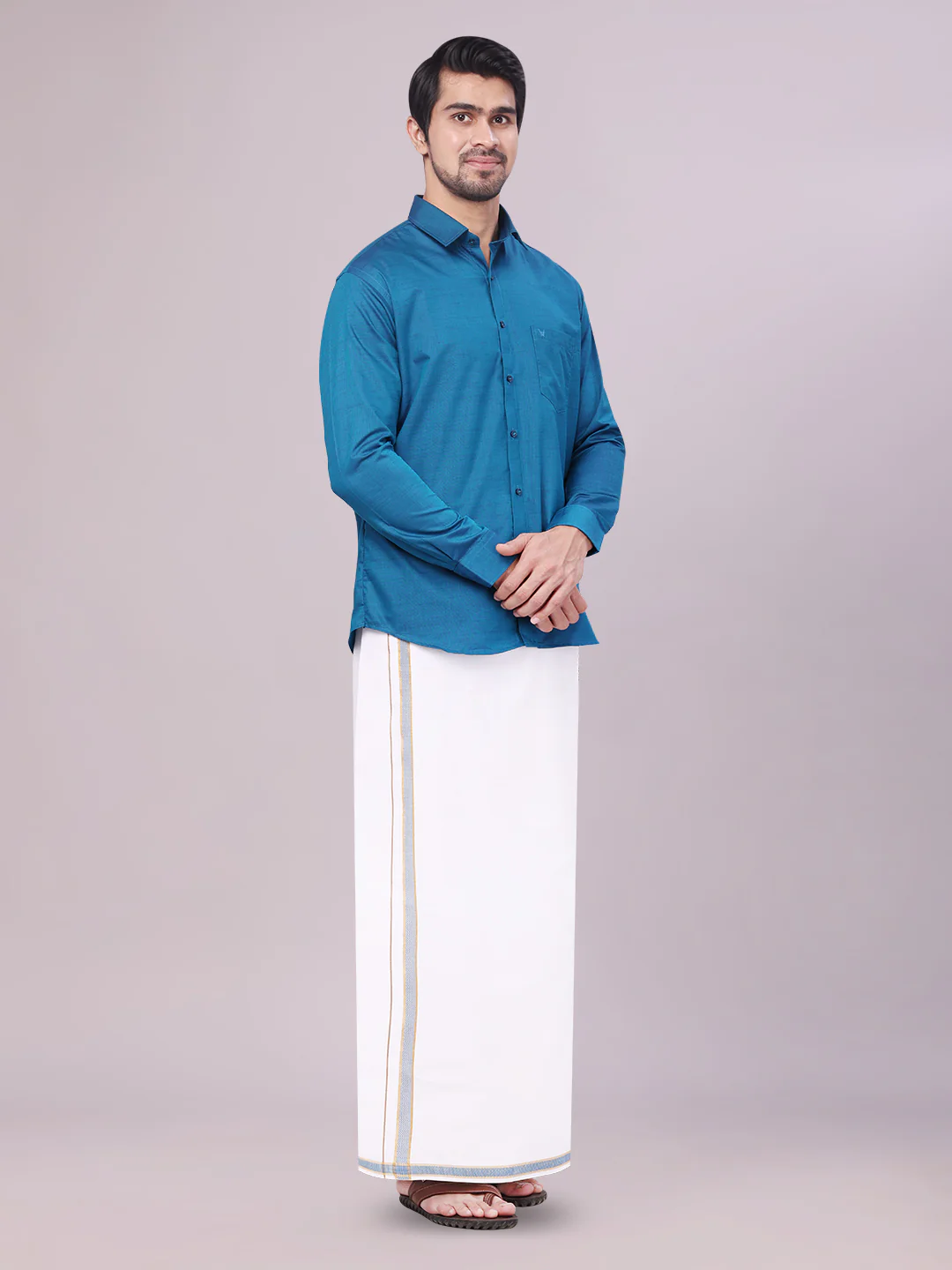 Men's Peacock Shirt with Matching Border Dhoti Combo Pinto - Image 5