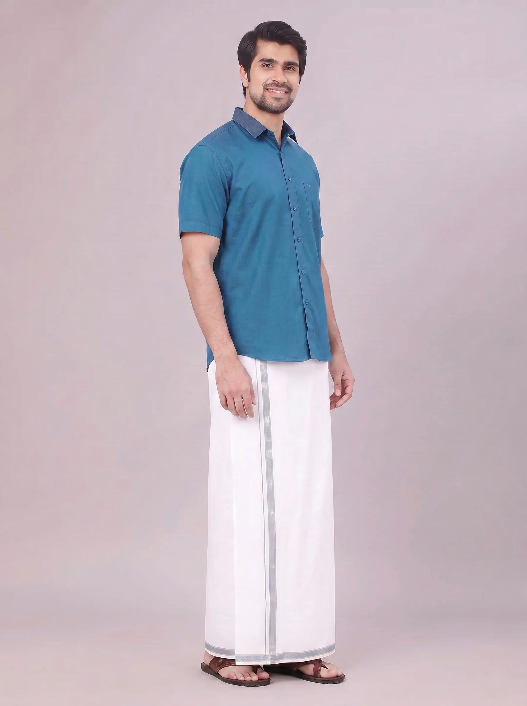 Men's Peacock Shirt with Matching Border Dhoti Combo Pinto - Image 6