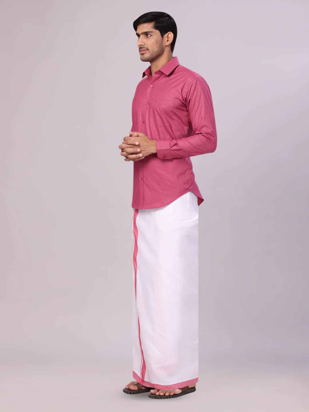 Mens Pink Color Shirt with Matching Border Dhoti Combo Casper - Image 5