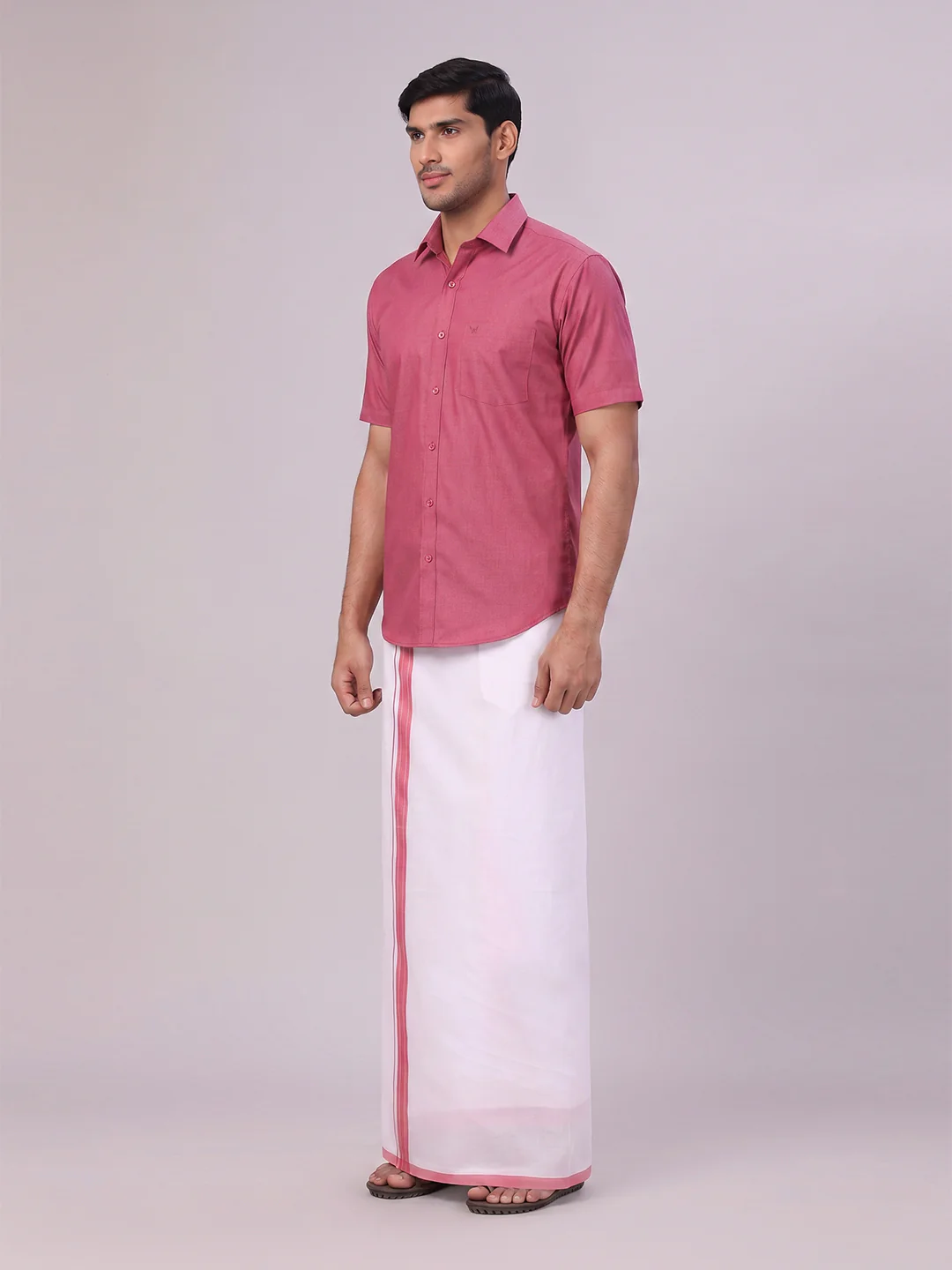 Mens Pink Color Shirt with Matching Border Dhoti Combo Casper - Image 6