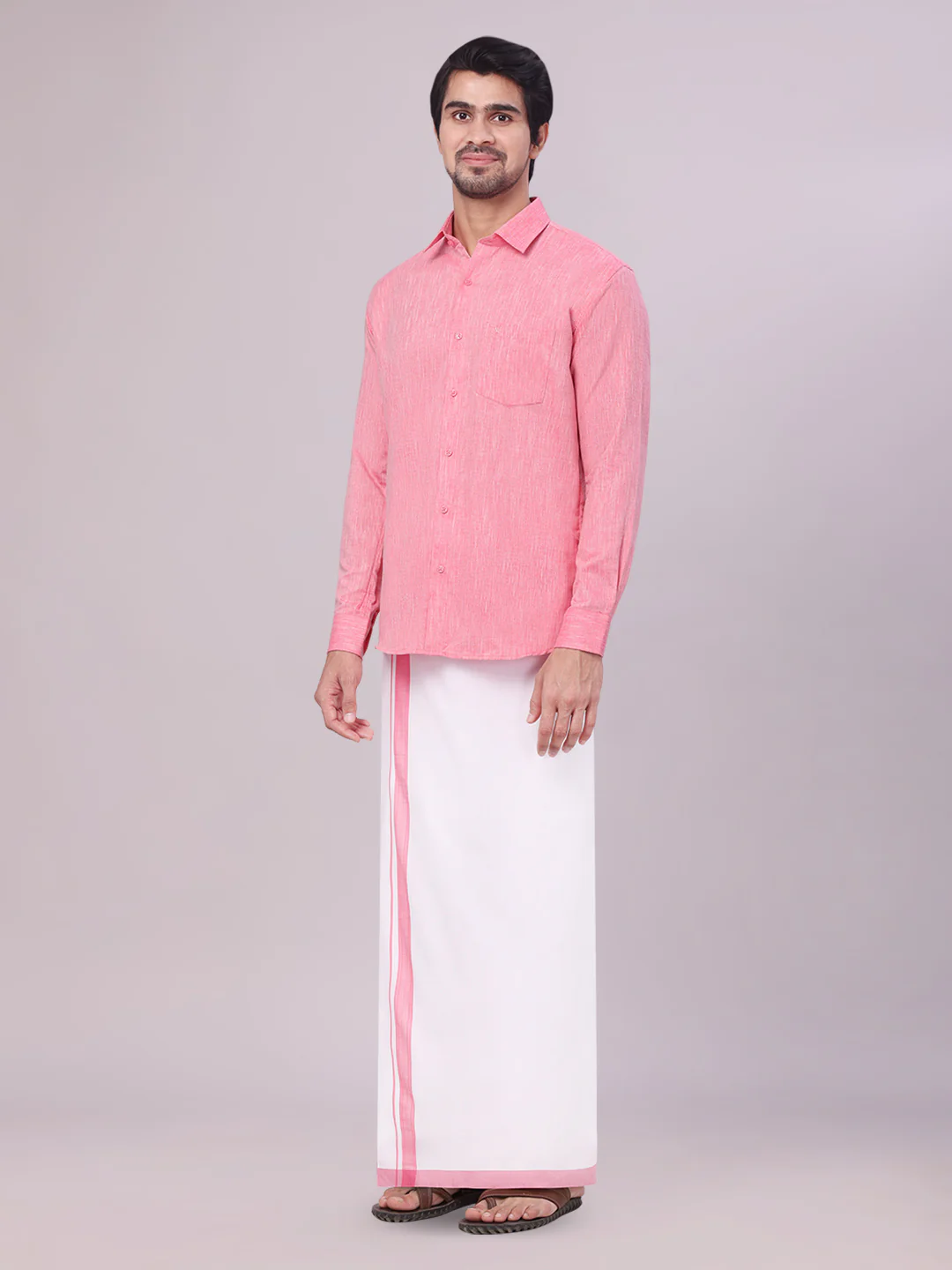 Mens Pink Colour Shirt with Matching Fancy Border Dhoti Combo Lemax - Image 3