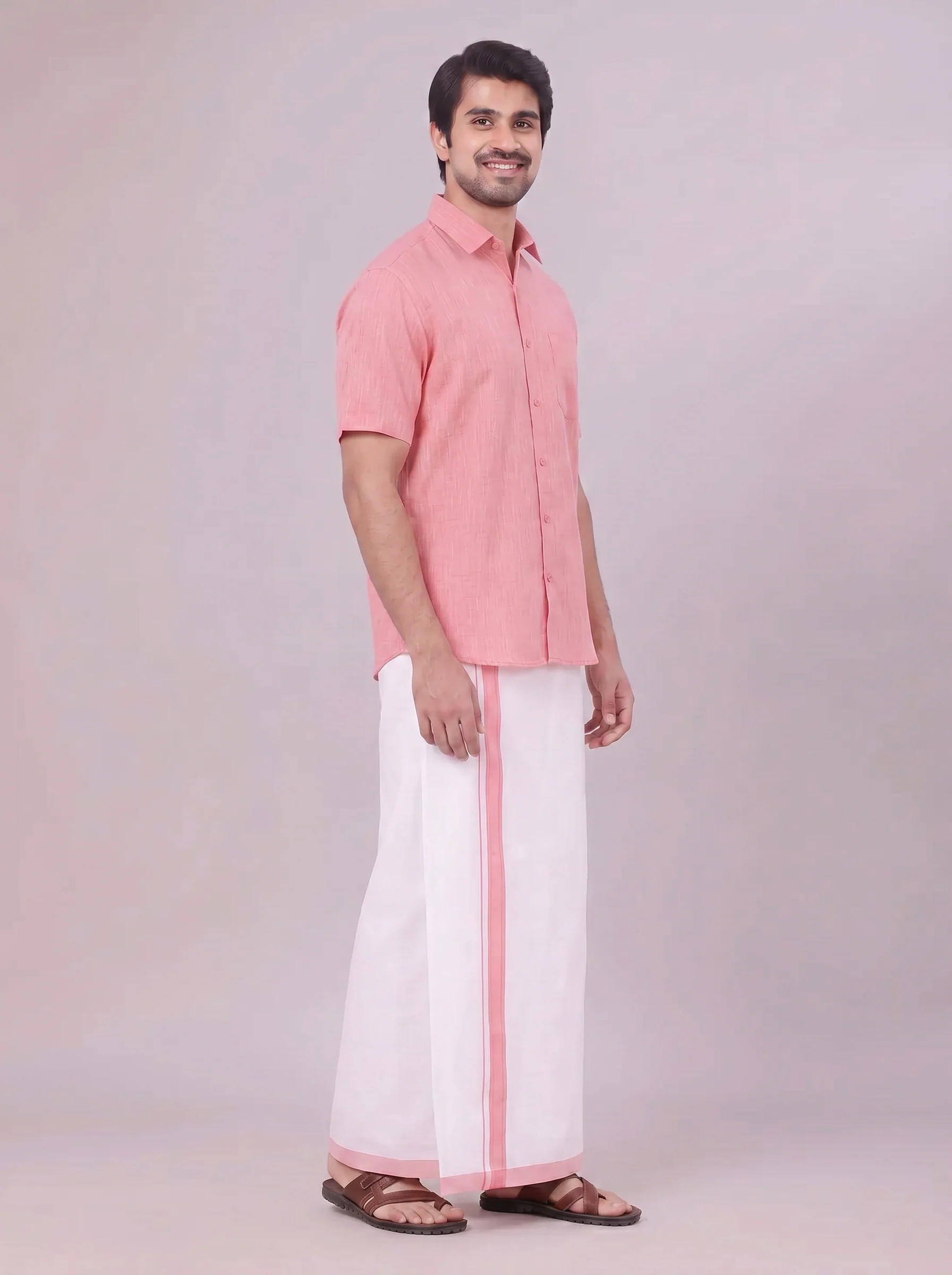 Mens Pink Colour Shirt with Matching Fancy Border Dhoti Combo Lemax - Image 4