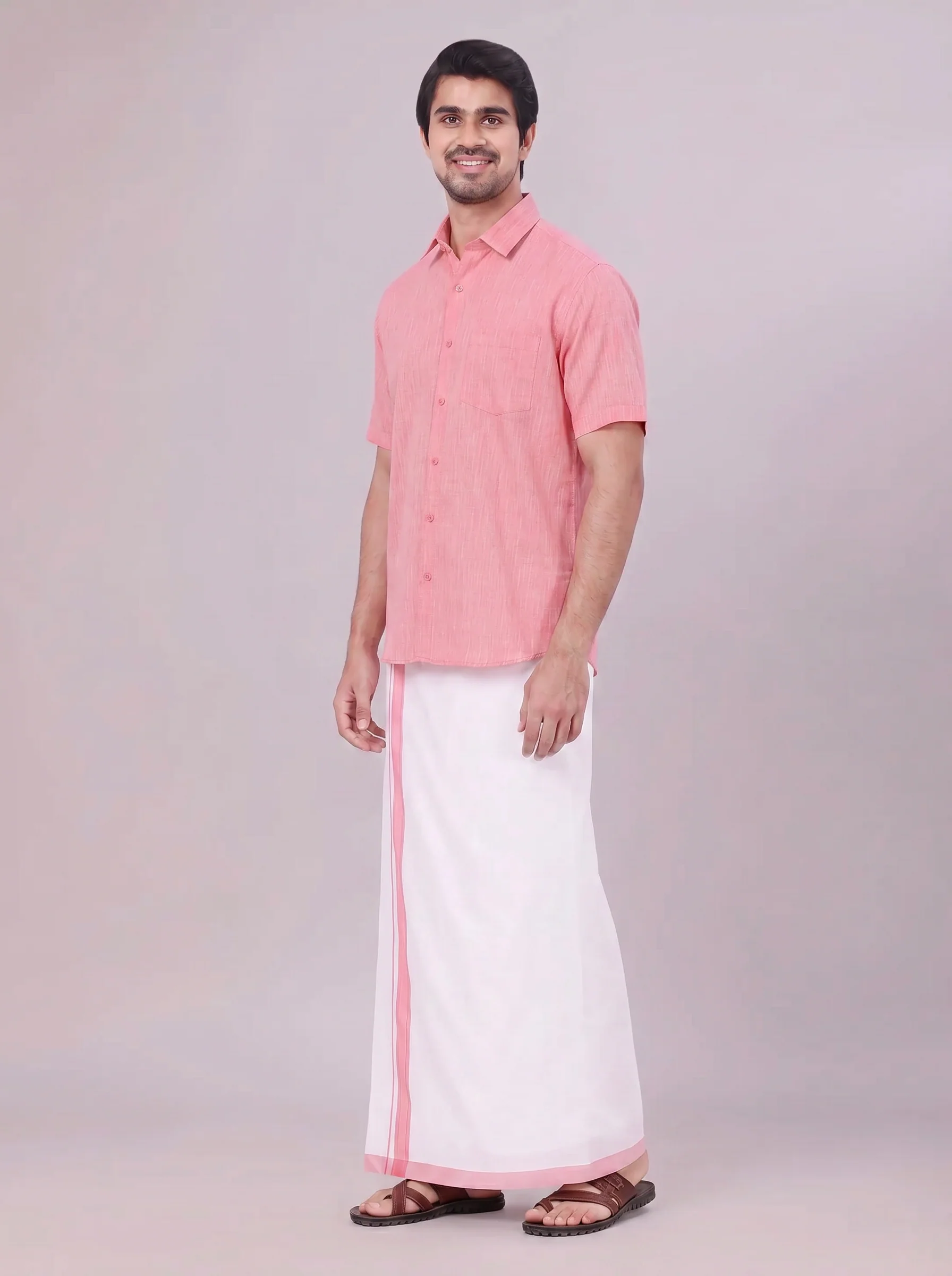 Mens Pink Colour Shirt with Matching Fancy Border Dhoti Combo Lemax - Image 6