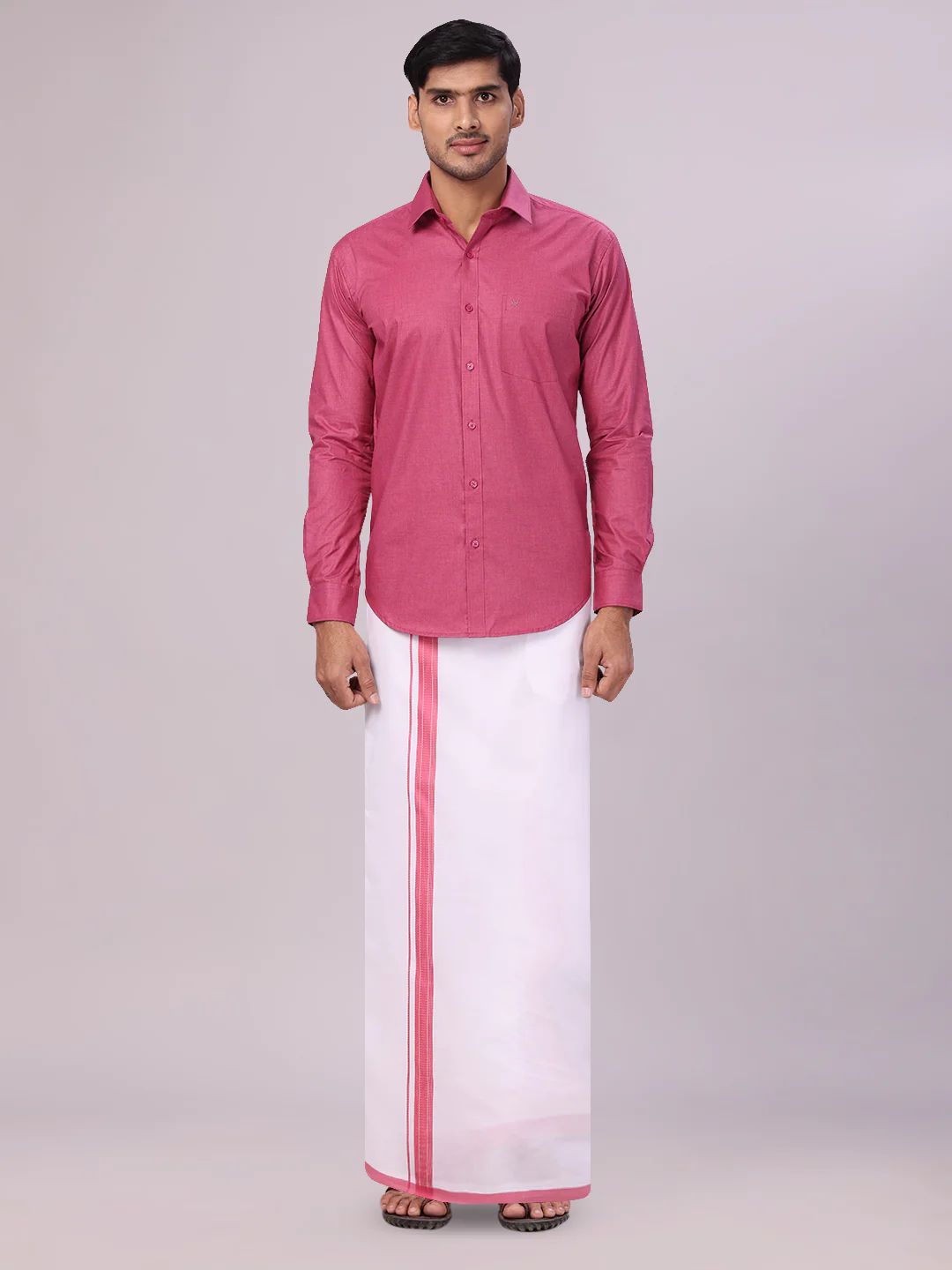 Mens Pink Shirt with Matching Border Flexi Dhoti Combo Casper Flexi