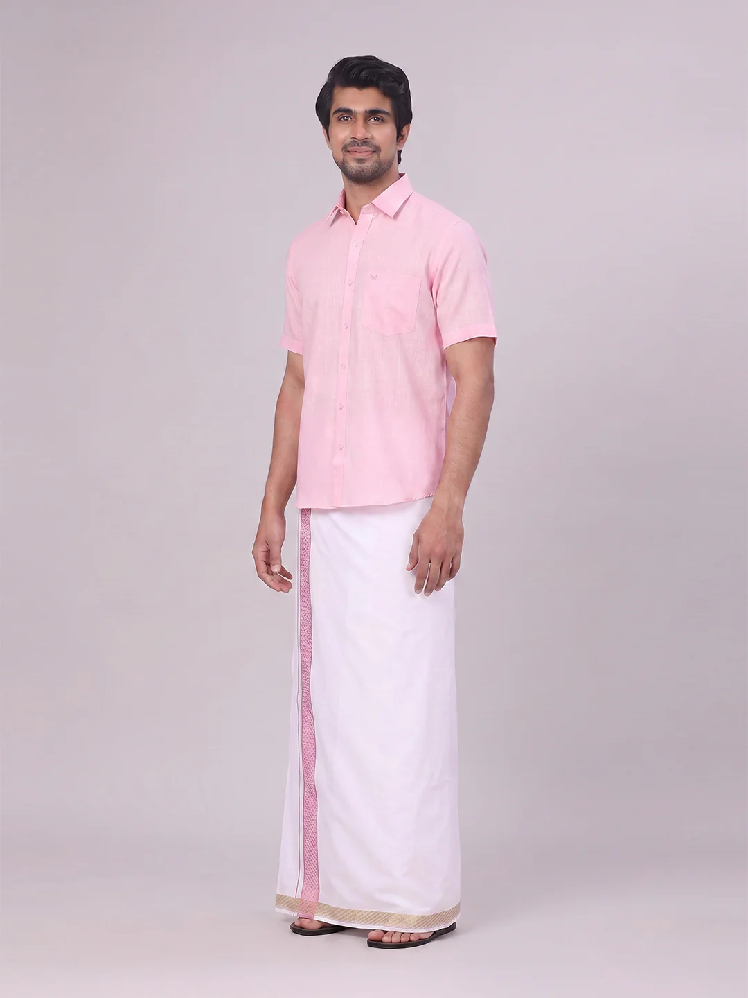 Mens Pink Shirt with Matching jacquard Weave Border Dhoti Combo Marsh - Image 4